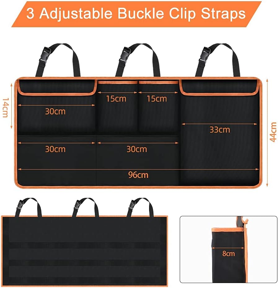 Detalle de URAQT Organiseur de Coffre de Voiture – Grand modèle 100 x 45 cm, 6 poches et fixation sécurisée