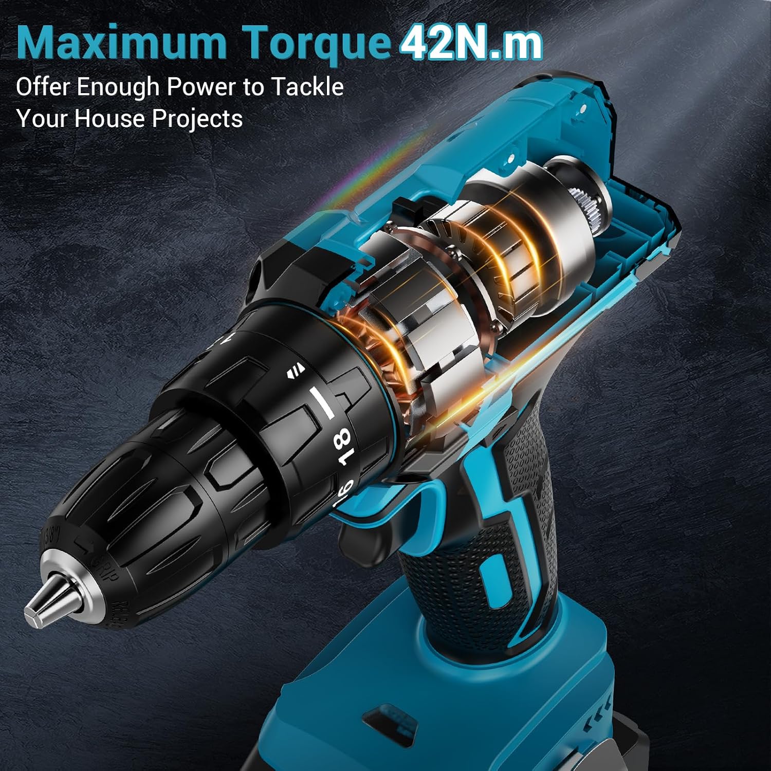 Detalle de LEEIKOO 21V Cordless Drill Set with 2000mAh Battery — 42N.m Max Torque, 18+1 Clutch, 2 Speed, 20-Piece Bit Kit
