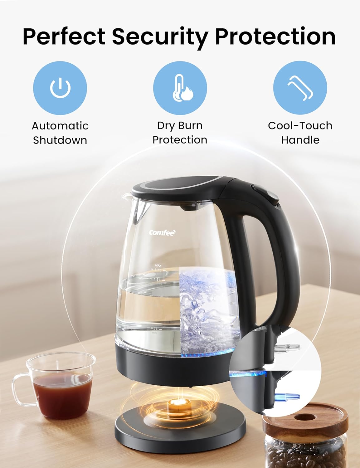 Detalle 2 de COMFEE' 1.7L Electric Kettle with LED Indicator, 1500W, Glass Boiler — Fast Boil & BPA Free