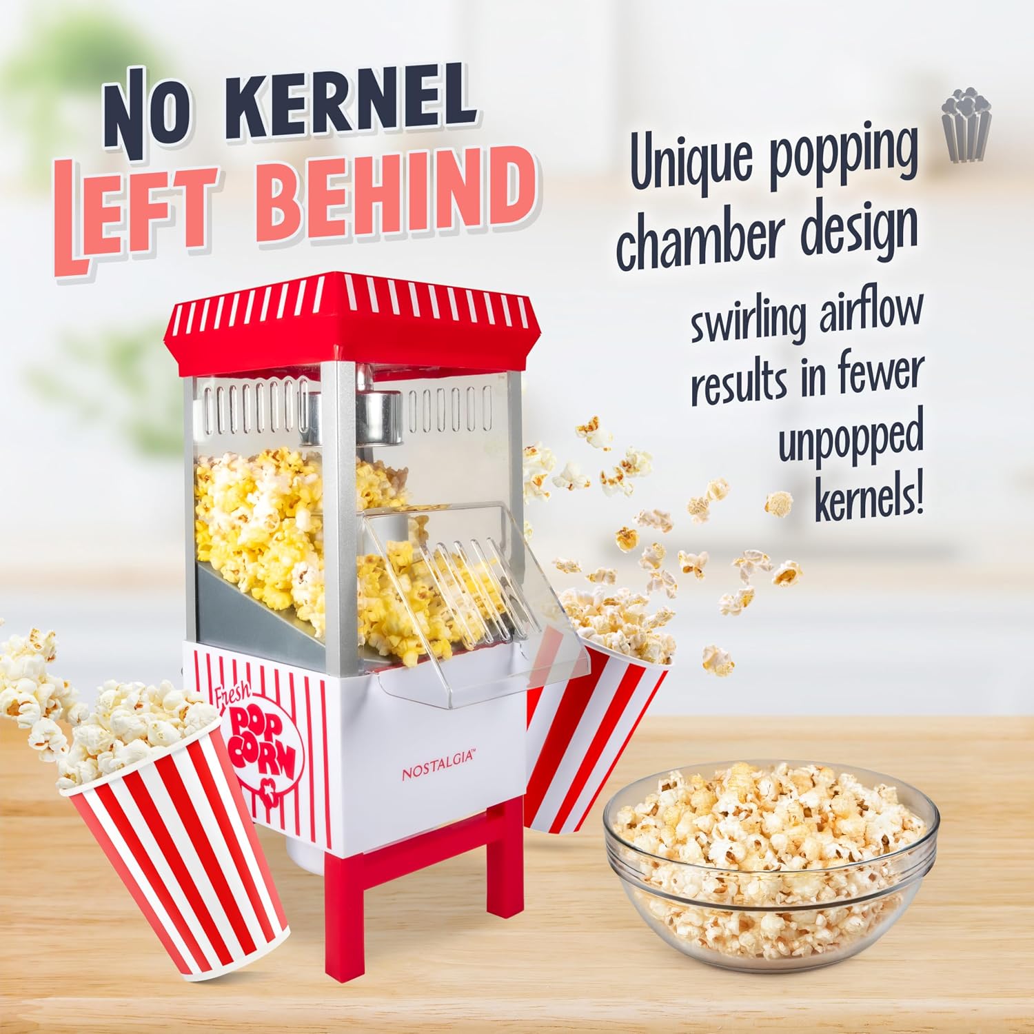 Detalle de Nostalgia Vintage Hot-Air Popcorn Maker: 12-Cup, Oil-Free, White & Red on a Classic Cart