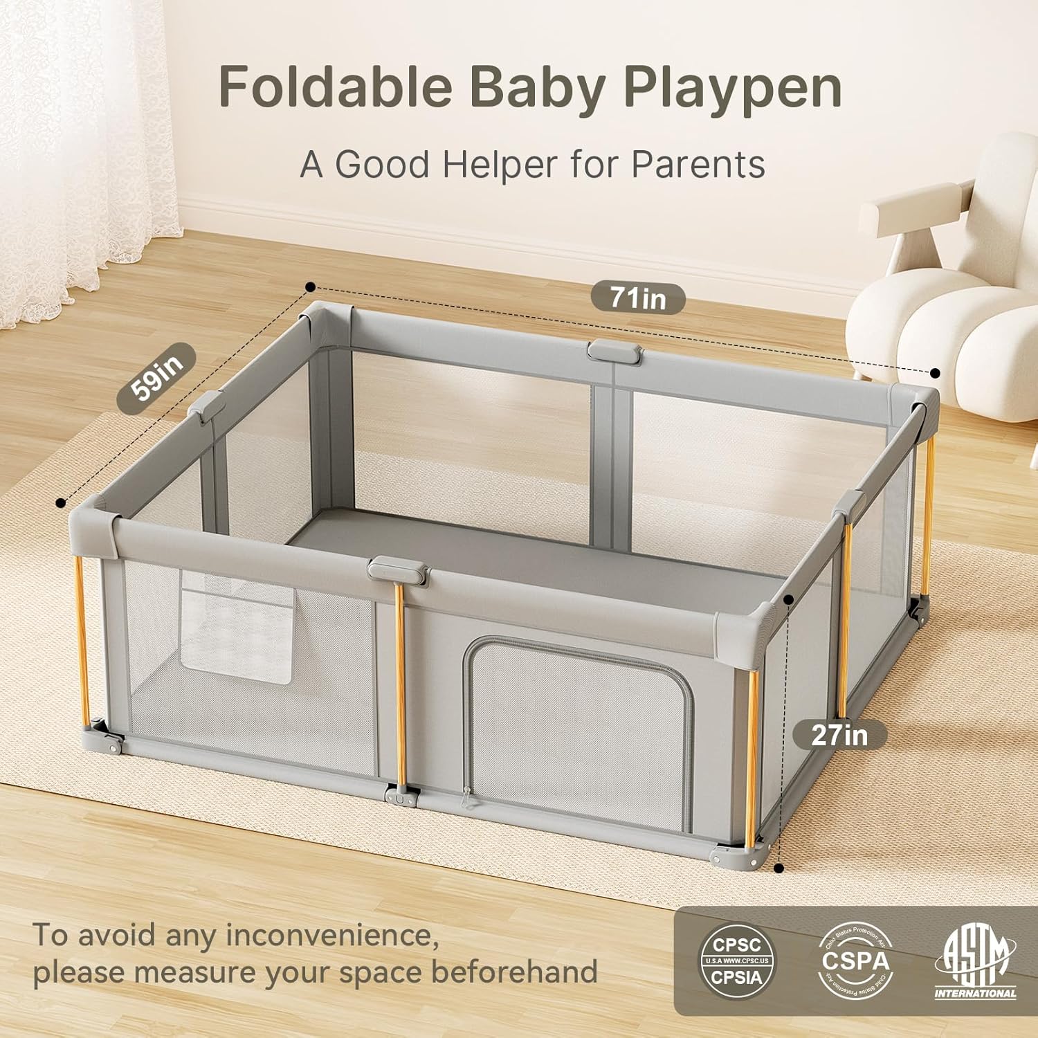 Thumbnail 5 de Foldable Baby Playpen with Mat, 71x59 – Portable Collapsible Play Yard for Babies and Toddlers