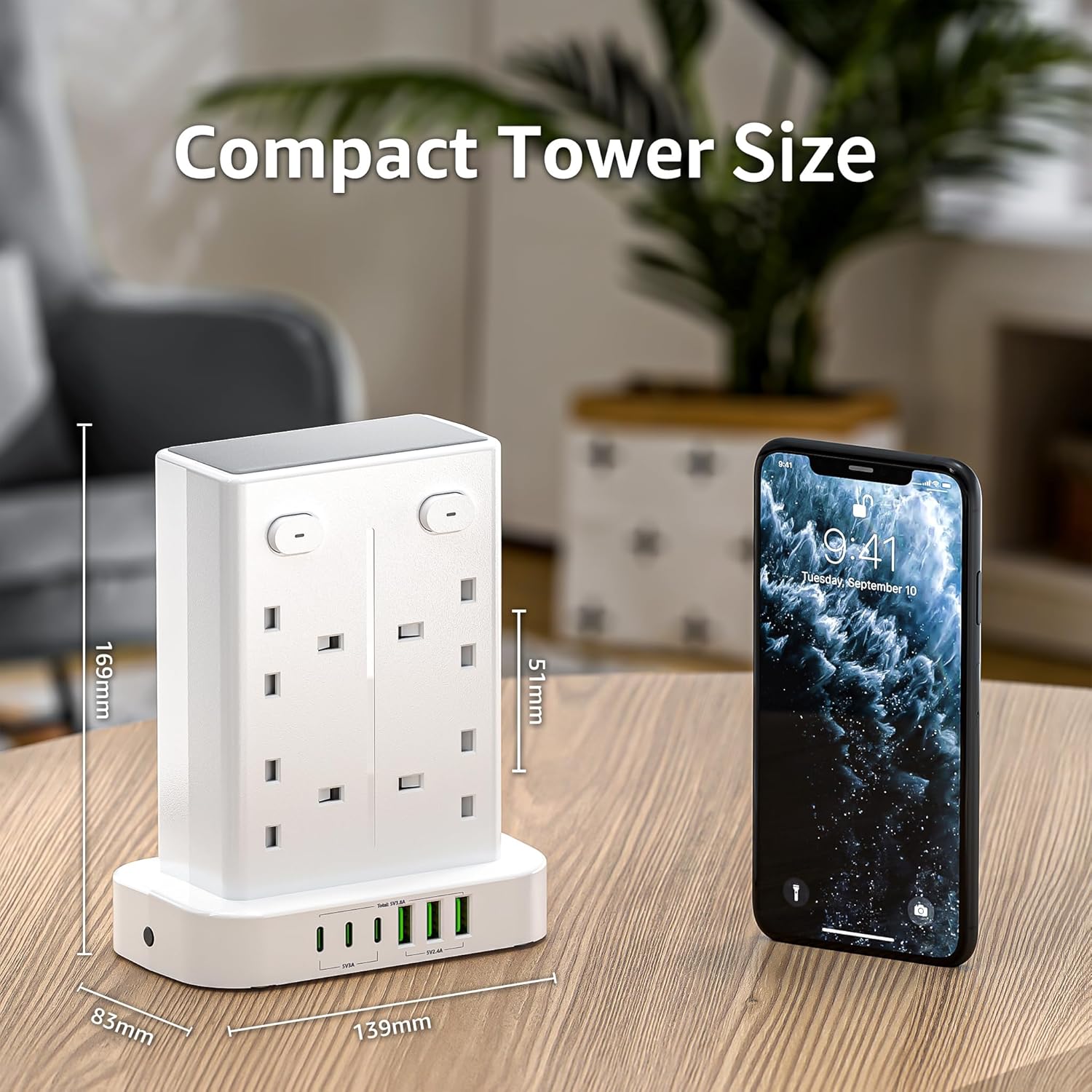 Thumbnail 6 de Tower Extension Lead with USB Slots - 8 Way Sockets, 13A, 3 USB A, 3 USB C, 1.8m Cable