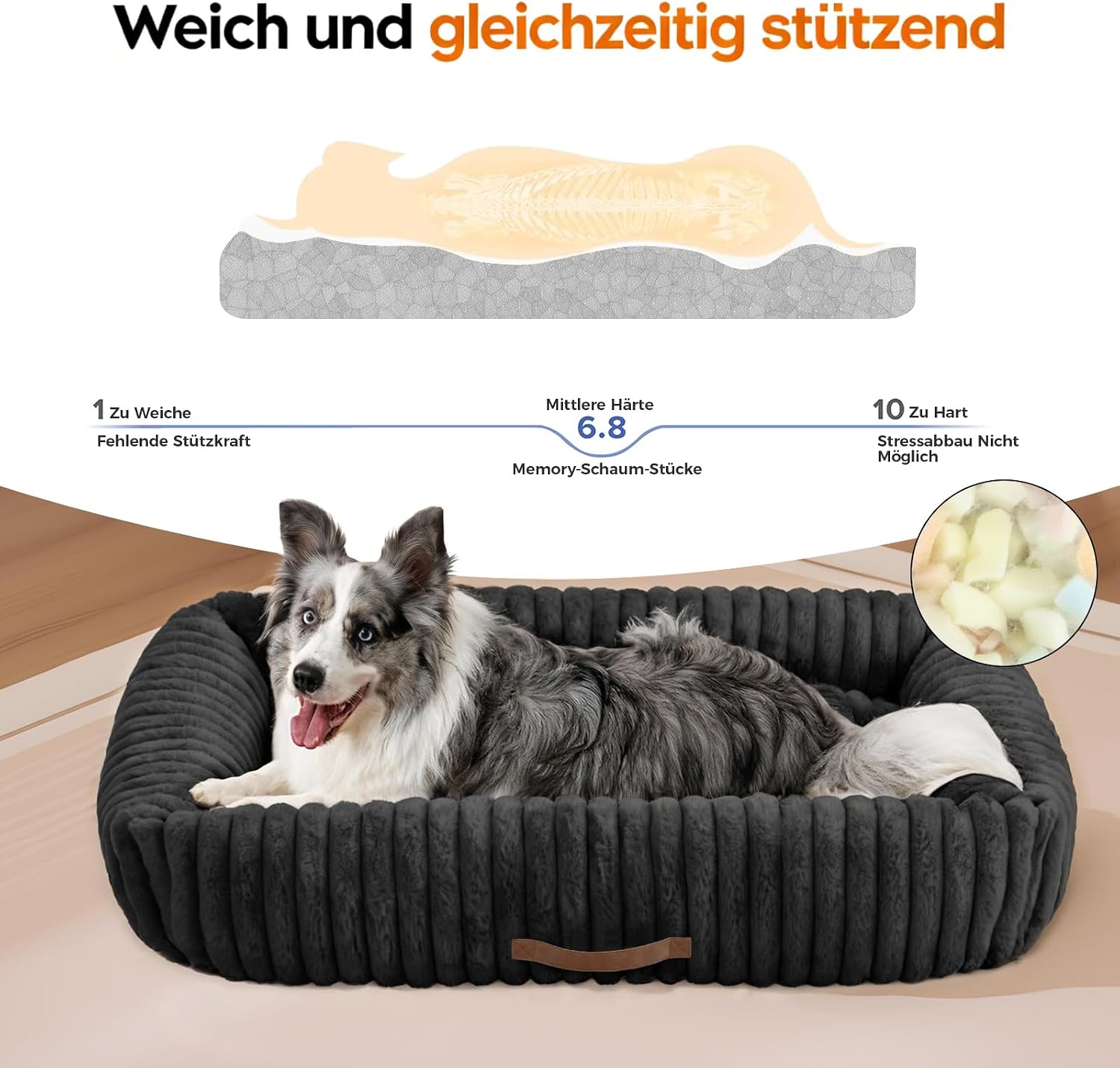 Detalle de Upvilla Luxusweicher Hundekorb – Vier-Seiten-Hundebett mit Memory-Schaum, abnehmbarem Bezug (Schwarz, 92 × 69 × 20 cm)