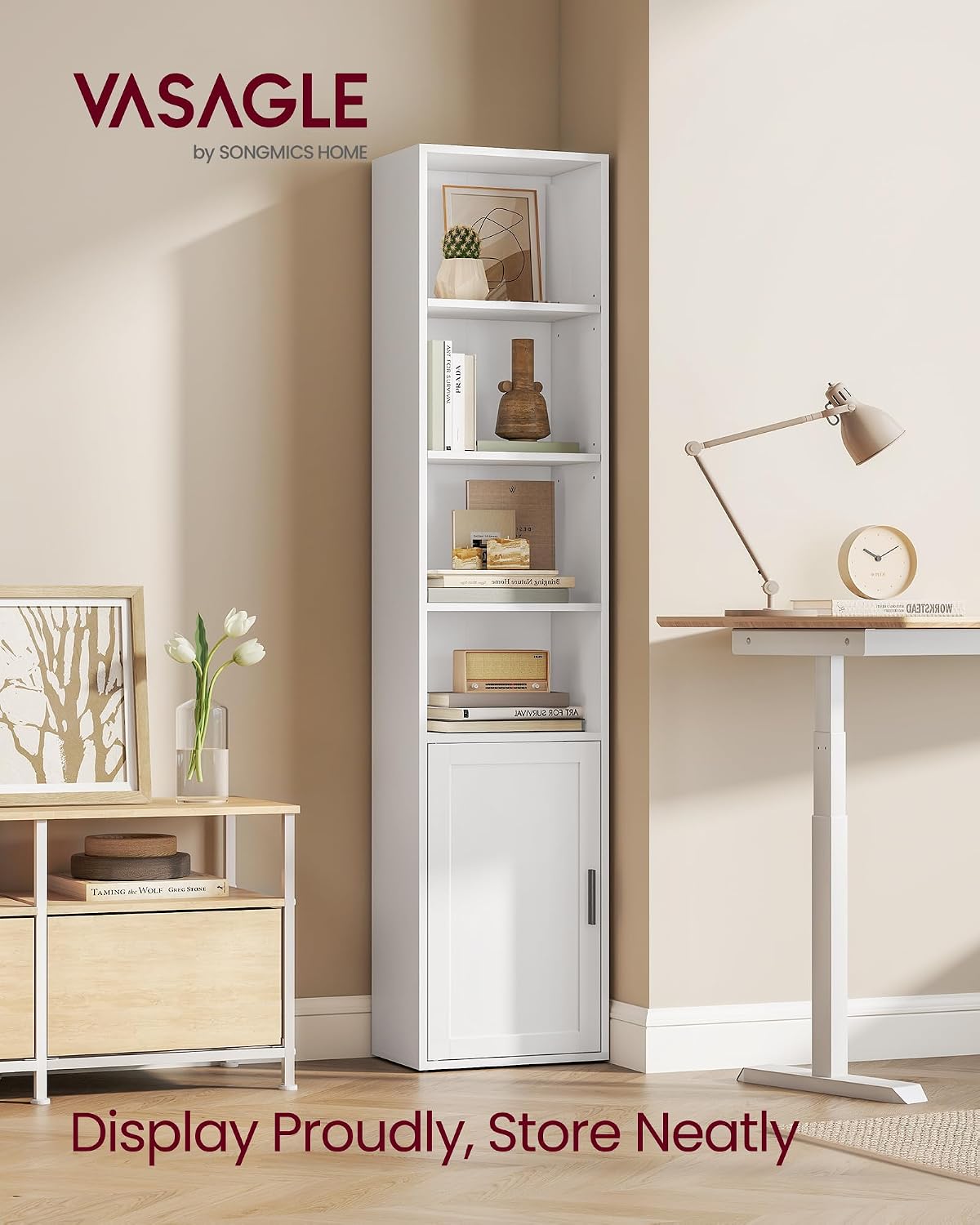 Detalle de VASAGLE SIREN LBC401W01 6-Tier Bookcase with Cabinet, Cloud White