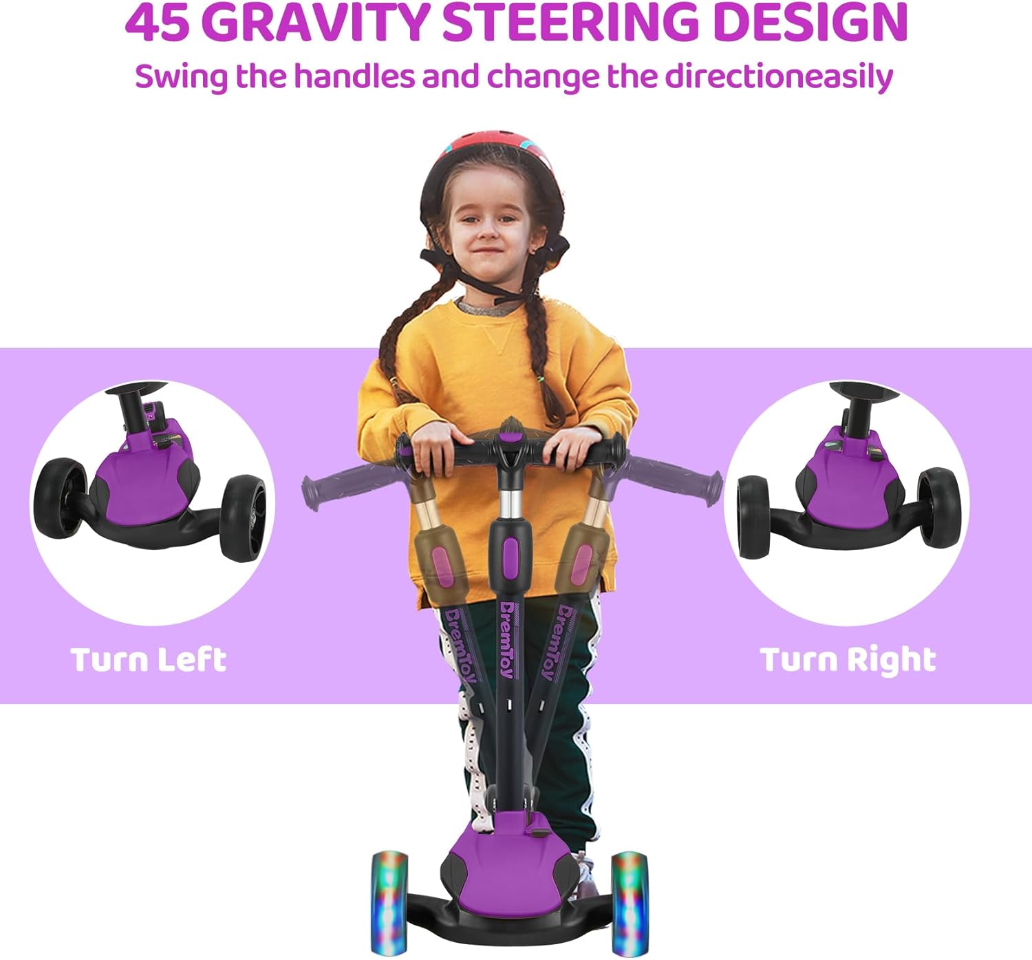 Thumbnail 3 de BremToy Roller Kinder mit abnehmbarem Sitz – stufenlos höhenverstellbarer Lenker, PU LED-Räder, faltbar