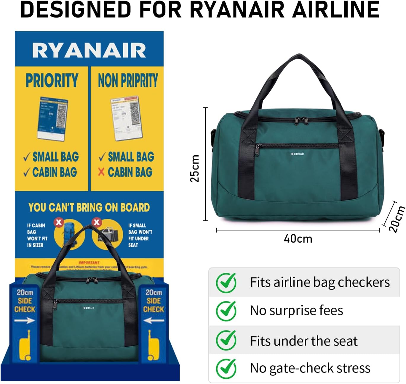Detalle 2 de ECOHUB Ryanair Cabin Bags 40x20x25 Underseat Cabin Bag