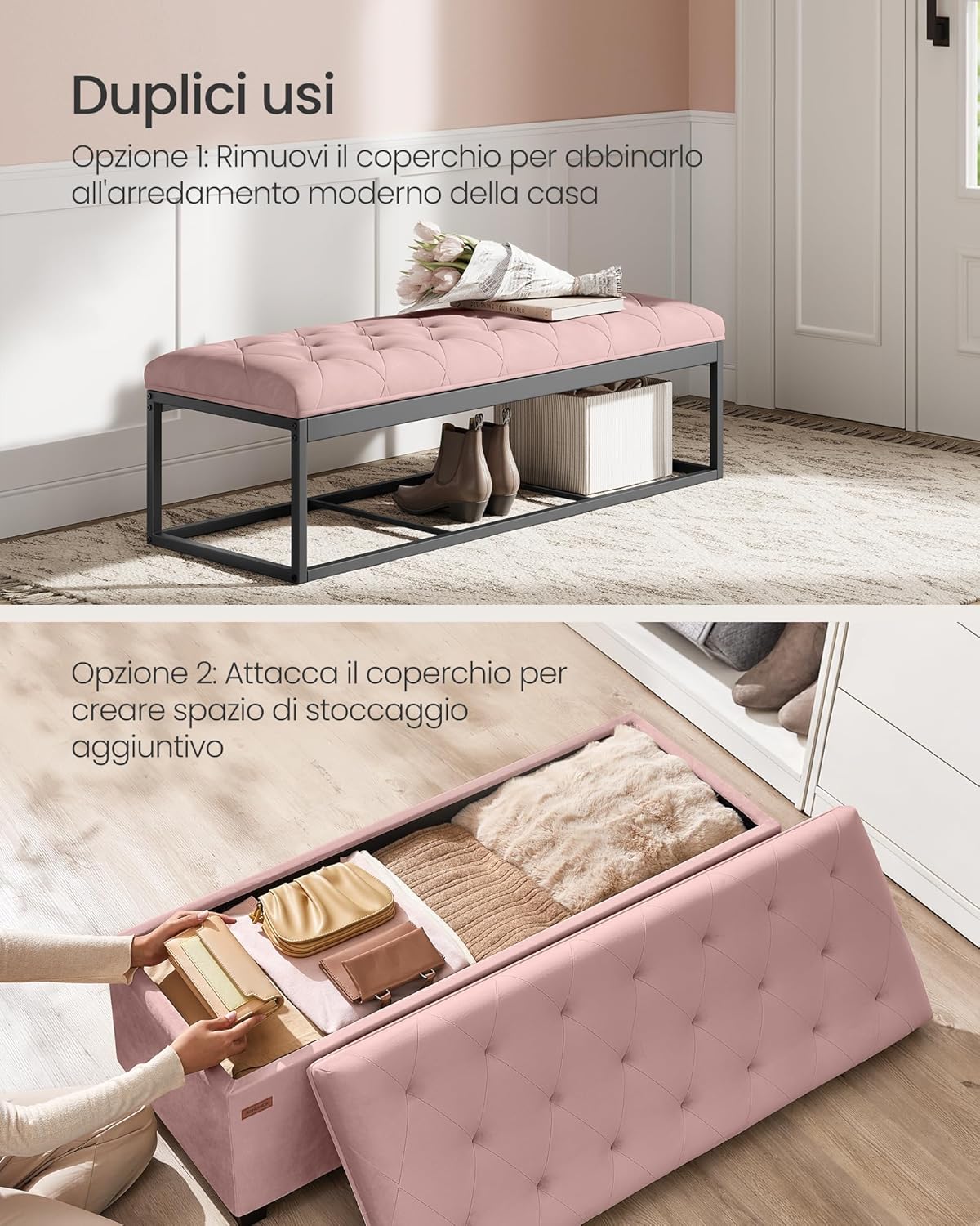 Thumbnail 3 de SONGMICS cassapanca pouf contenitore con poggiapiedi 40 x 110 x 39 cm rosa pastello LSF089R01
