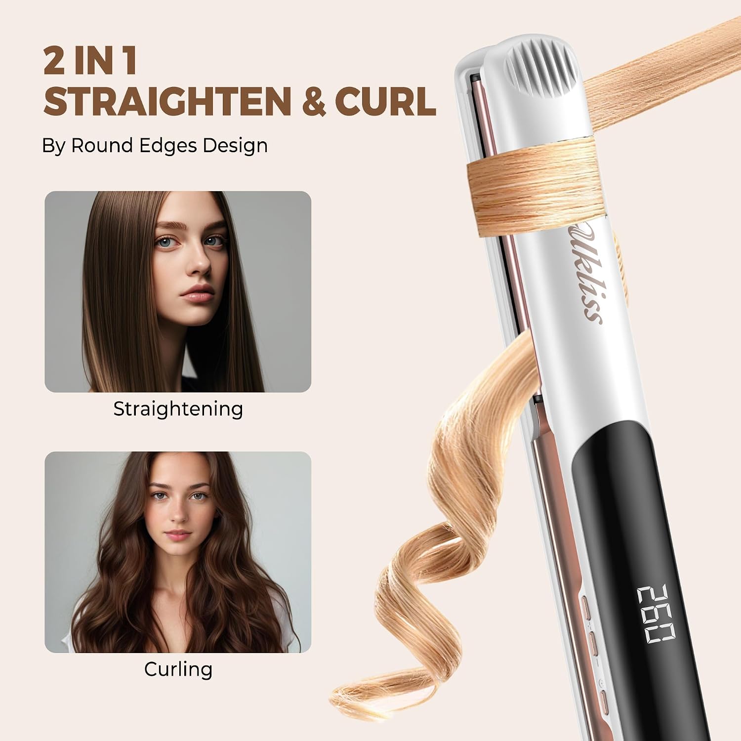 Detalle de Piastra Capelli Professionale UKLISS 2 in 1 (liscia e arriccia) con tecnologia ceramica & ionica, display LCD fino a 260°C