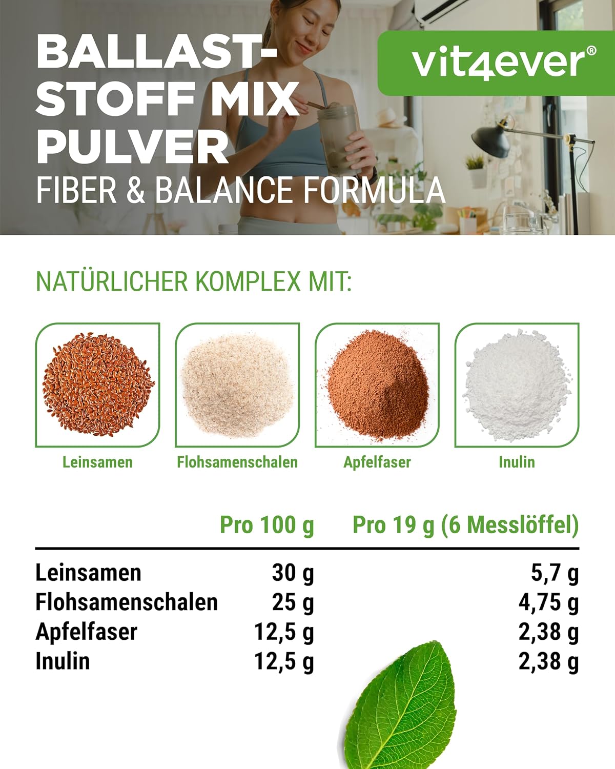 Thumbnail 4 de vit4ever Ballaststoffe Kombi (400 g) – Ballaststoffpulver mit Flohsamenschalen, Inulin & natürlichem Ananasaroma