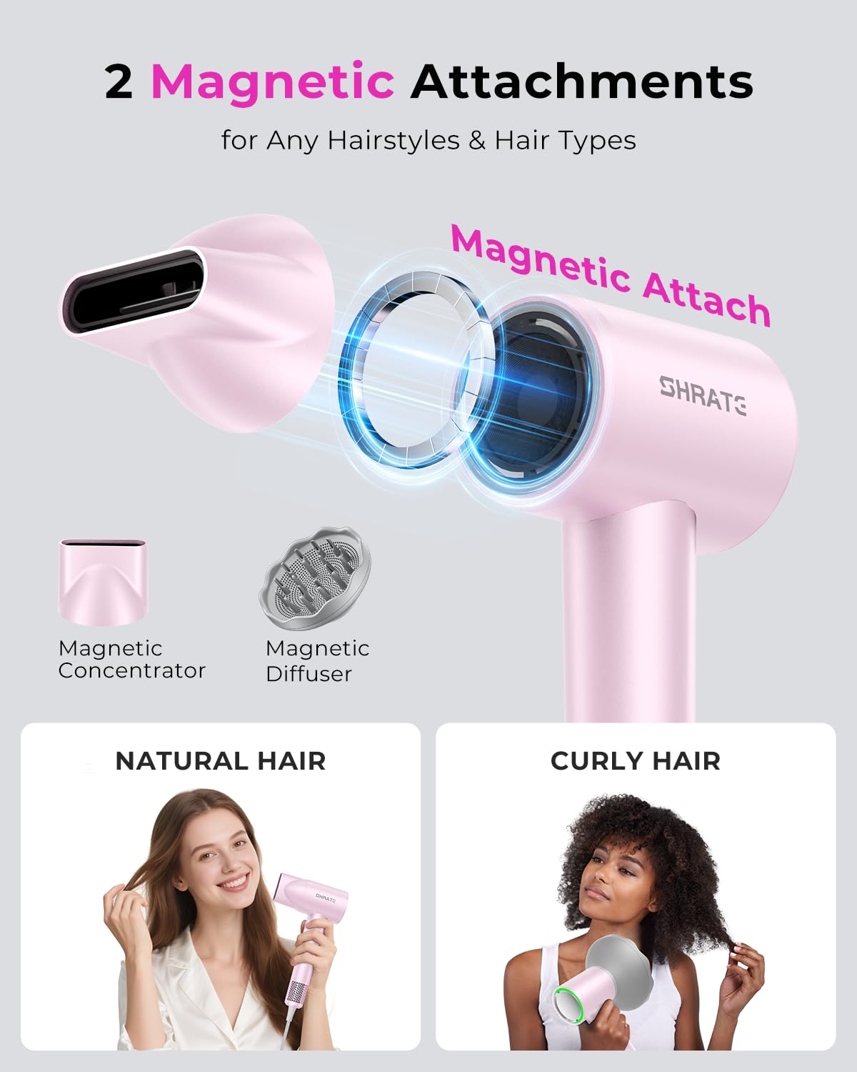 Thumbnail 6 de SHRATE Professional High Speed Ionic Hair Dryer (160,000 RPM) with 500M Negative Ions & Magnetic Diffuser