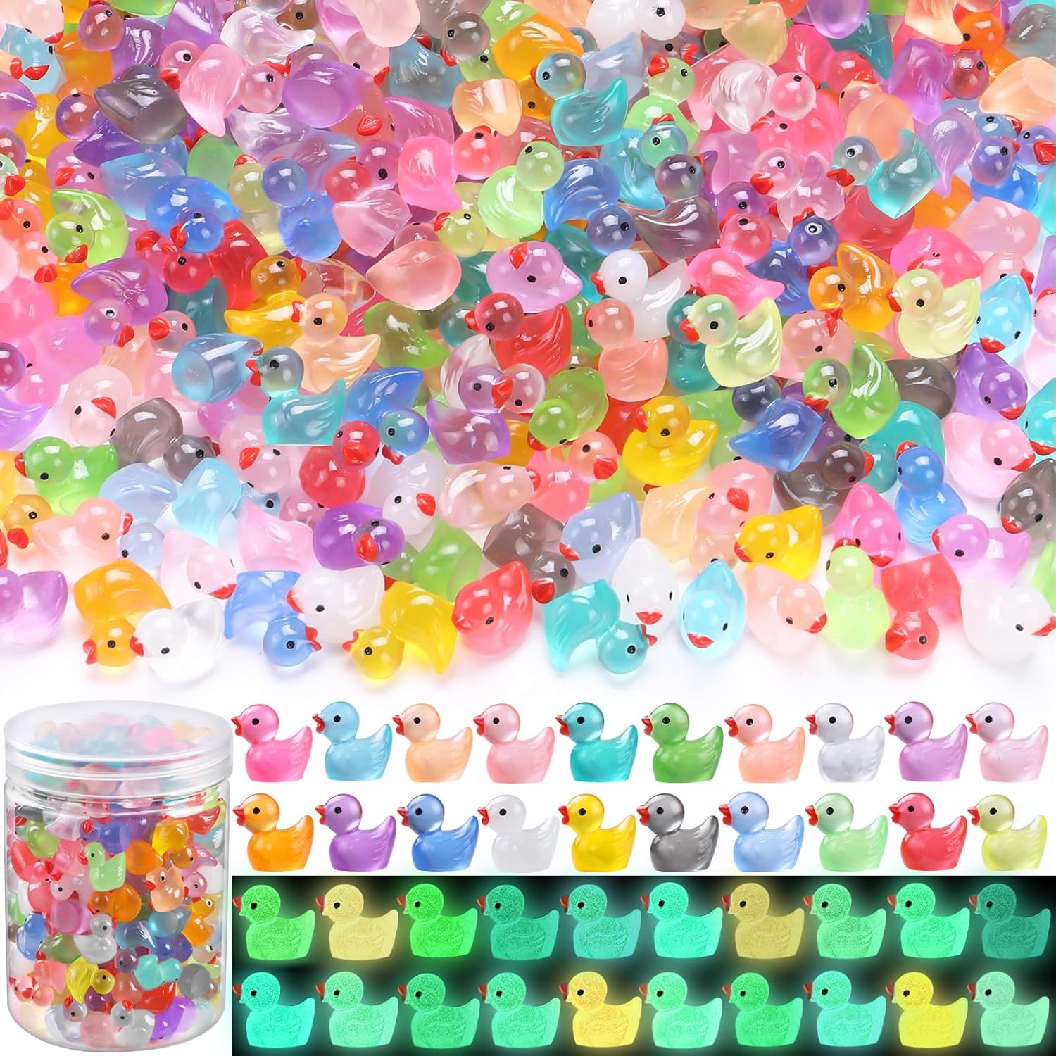 DULEFUN 200pc Luminous Mini Resin Ducks (20 Colors) for Micro Gardens, Dollhouses & Glow Crafts