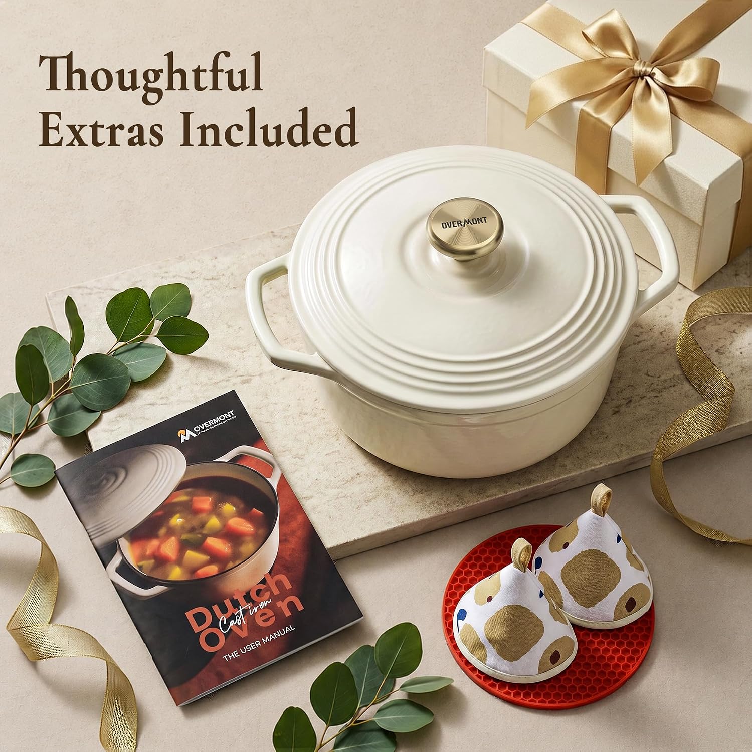 Thumbnail 6 de Overmont Enameled Cast Iron Dutch Oven (5.5QT) with Lid, Cookbook & Cotton Potholders — White