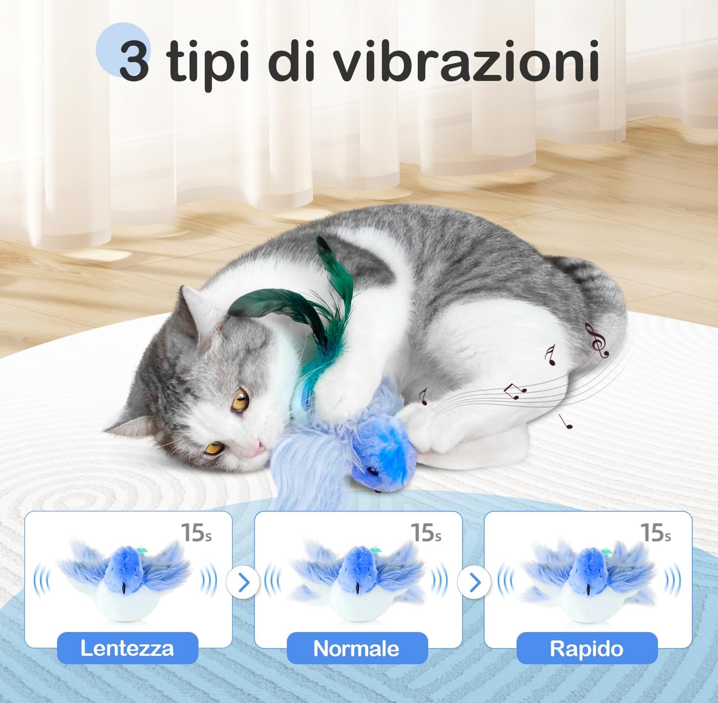 Detalle de Migipaws Giocattolo per gatti: uccellino interattivo 3 in 1 con erba gatta, ricaricabile
