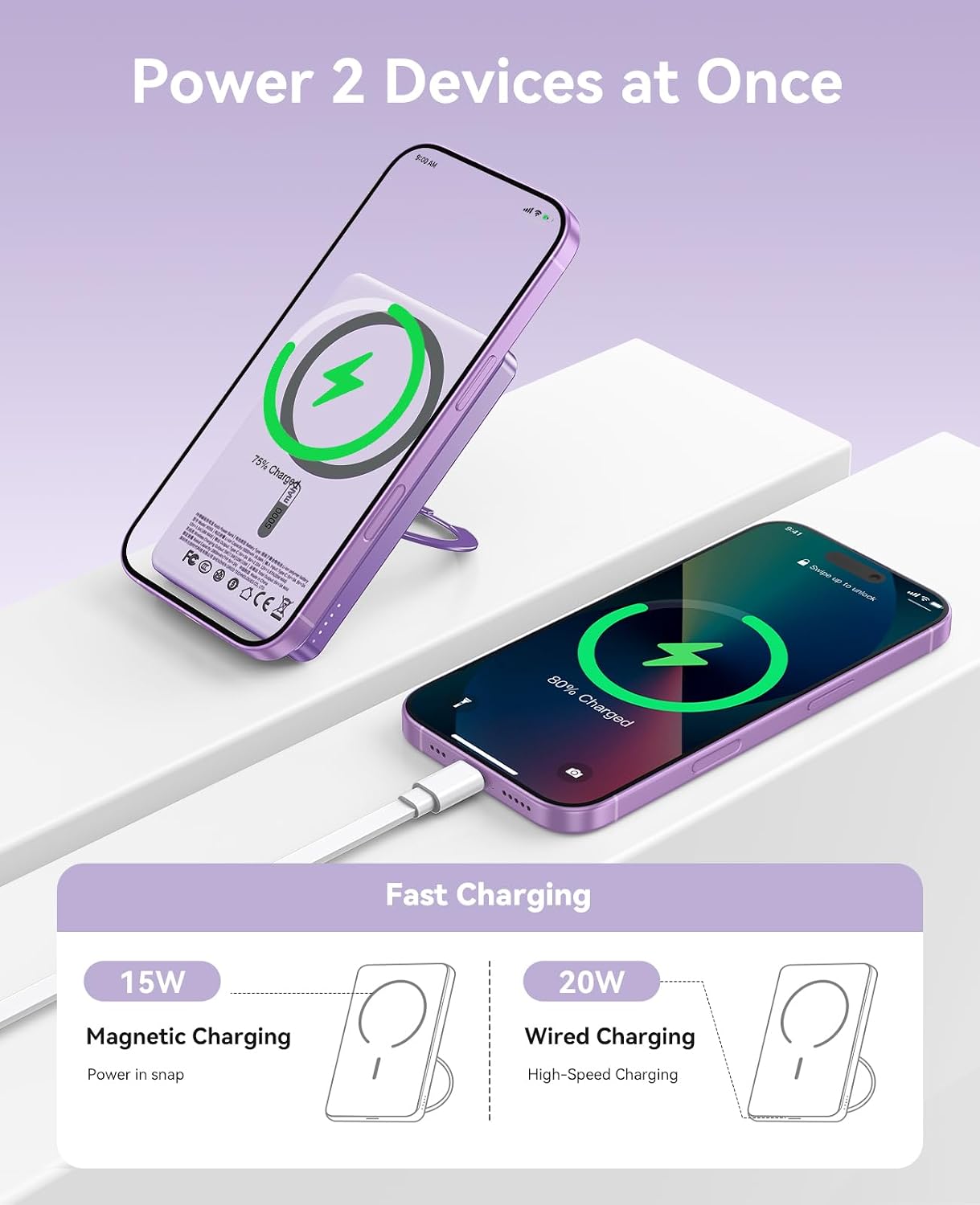 Detalle 1 de ORICO Kada MagSafe Power Bank 5.000 mAh mit Standfunktion und 20W PD – ultra schlank (lila)