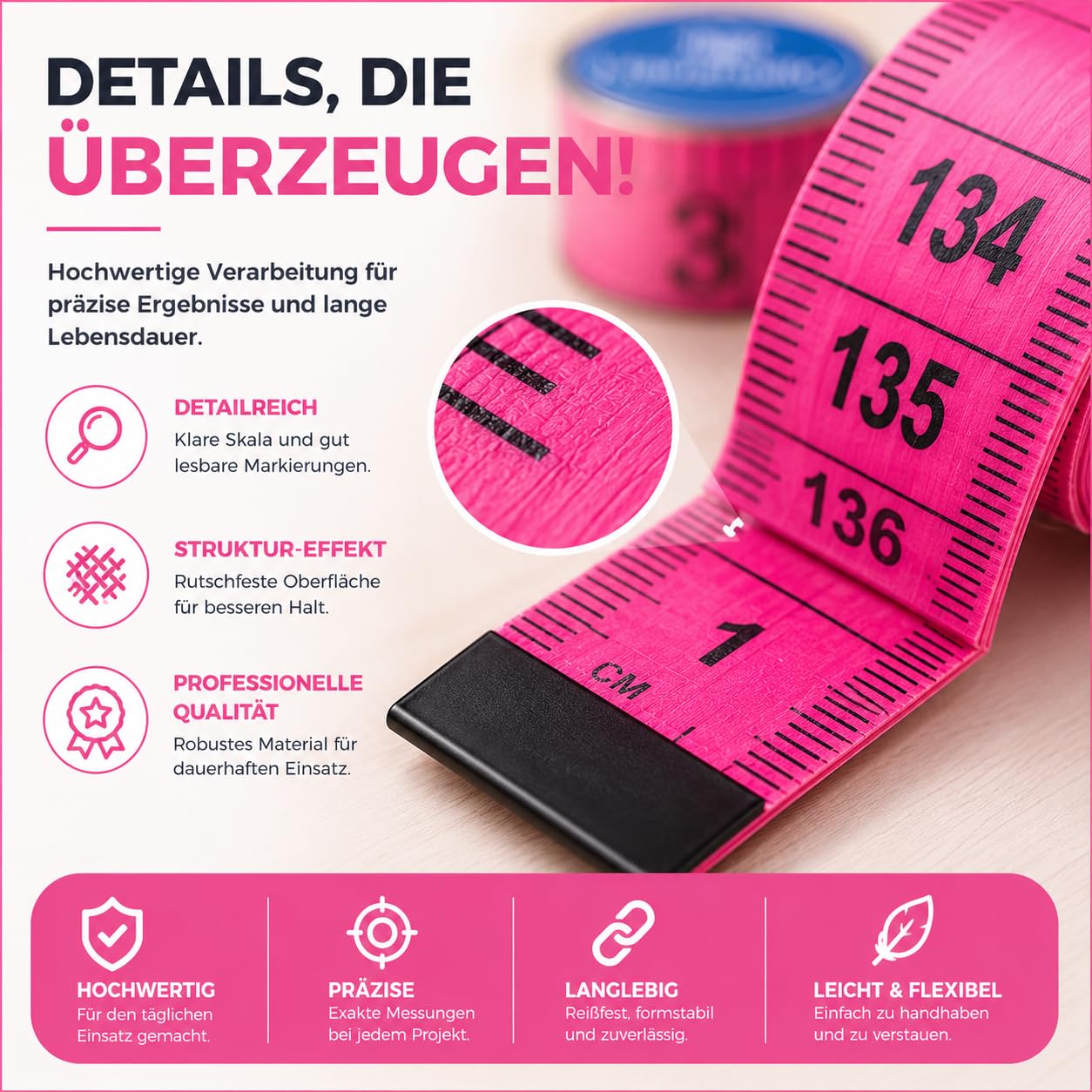 Detalle de HaushaltO 4262521265474 kleermakersmeetlint 150 cm, cm en inch, roze