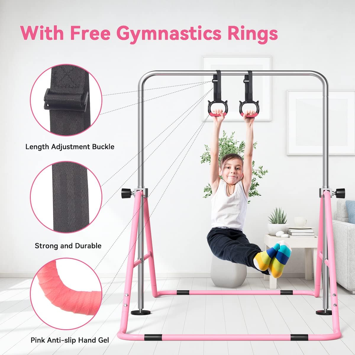 Detalle de FBSPORT Gymnastics Bar for Kids (foldable, adjustable height horizontal bar) – supports 140lbs