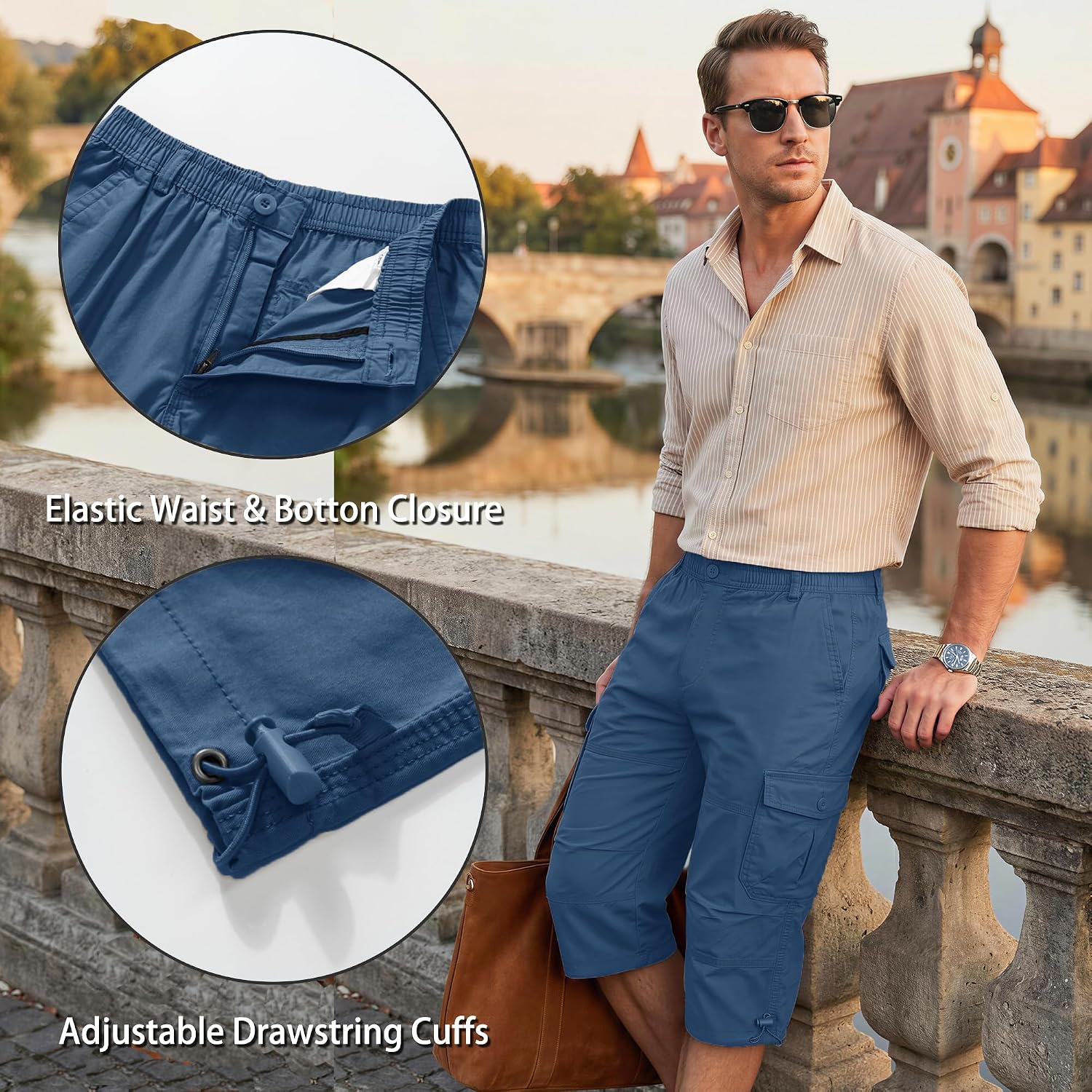 Detalle 2 de KEFITEVD Cargo Shorts Men: 3/4 Length, Cotton Comfort with Multi Pockets