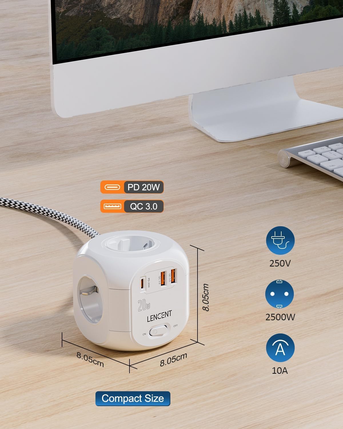 Thumbnail 5 de LENCENT PD20W 7-in-1 Mehrfachsteckdose mit 2 m geflochtenem Kabel und 2× USB-A + 1× USB-C