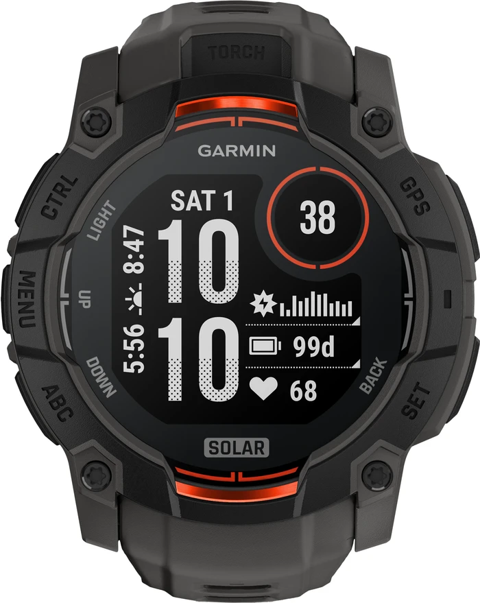 Detalle de Garmin Instinct 3 Solar Schwarz 50 mm – robuste Outdoor-Smartwatch mit Solaraufladung