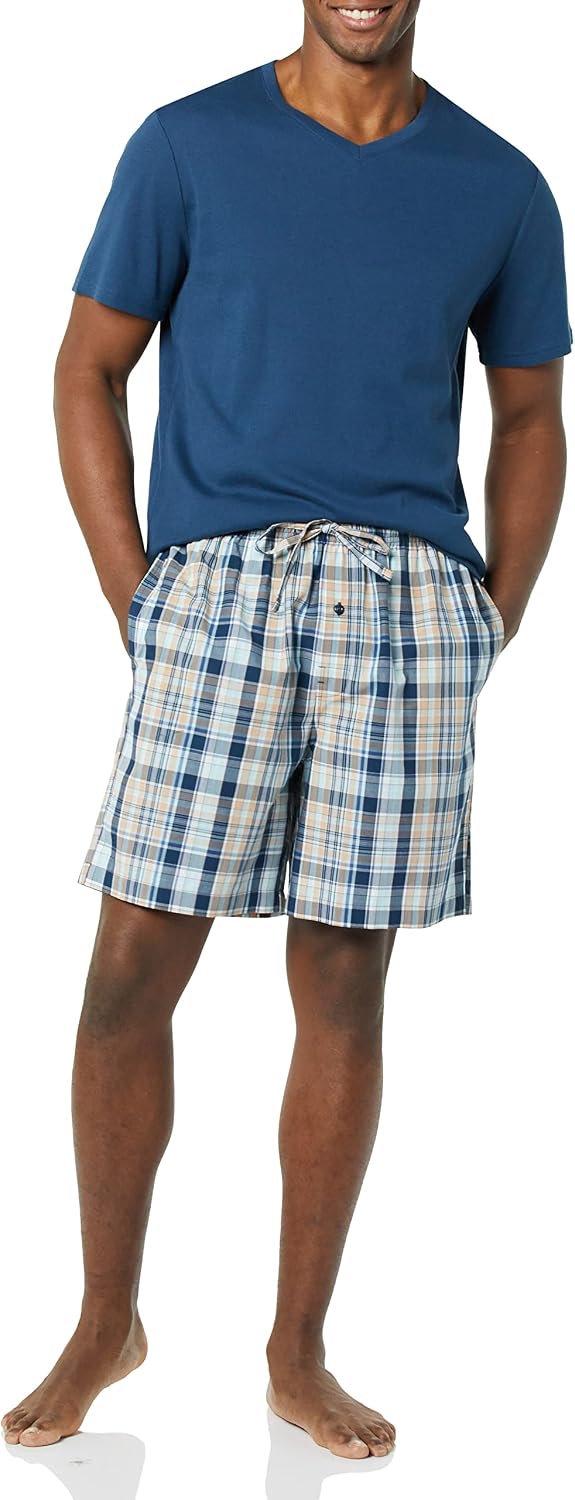 Detalle 2 de Amazon Essentials Herren Pyjama-Set aus T-Shirt und Relaxed-Fit-Shorts, Baumwoll-Stretch-Popeline