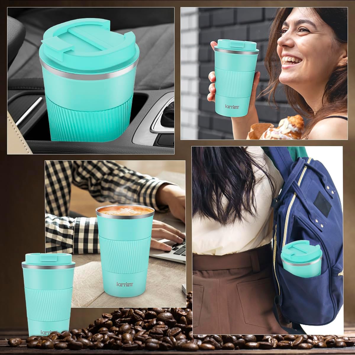 Detalle de KETIEE Travel Mug Coffee Cup Stainless Steel 380ml (T-Blue)