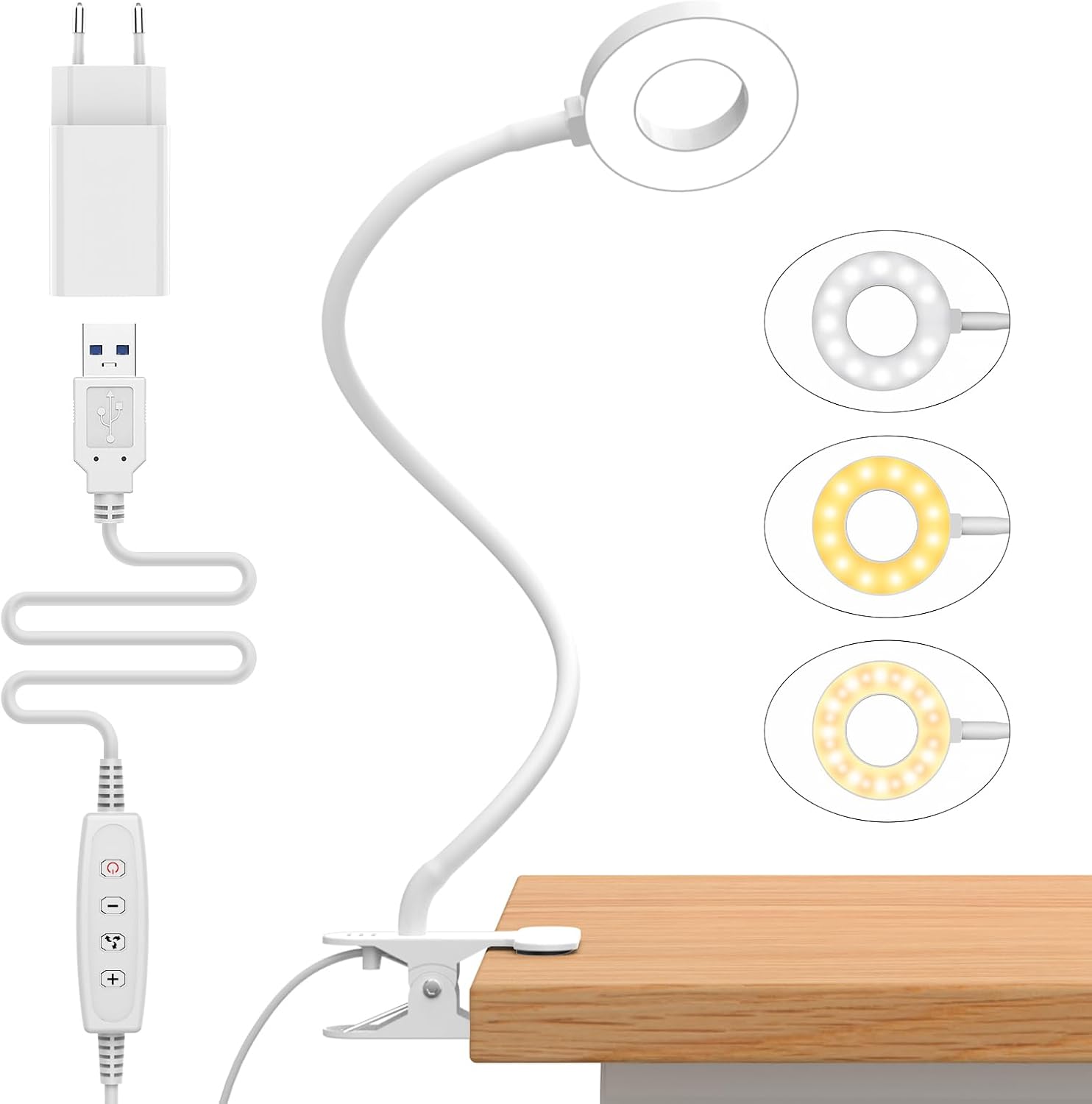 Detalle de iZELL 23 LED Leselampe mit Klemmbefestigung, dimmbar (3 Modi, 10 Helligkeitsstufen) und USB-Ladegerät
