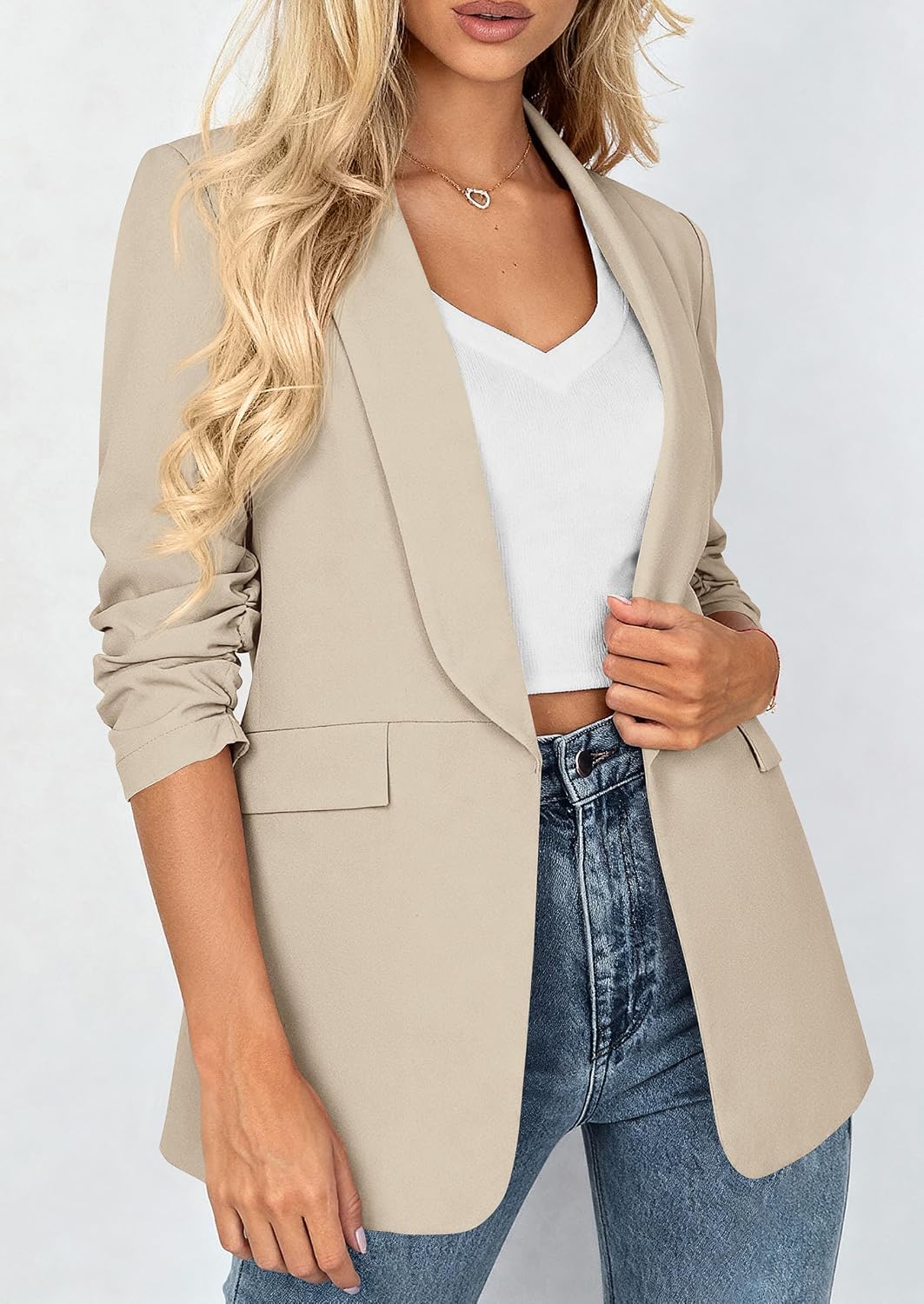 Detalle de PRETTYGARDEN Women's Lightweight Blazer, Ruched 3/4 Sleeves, Shawl Lapel