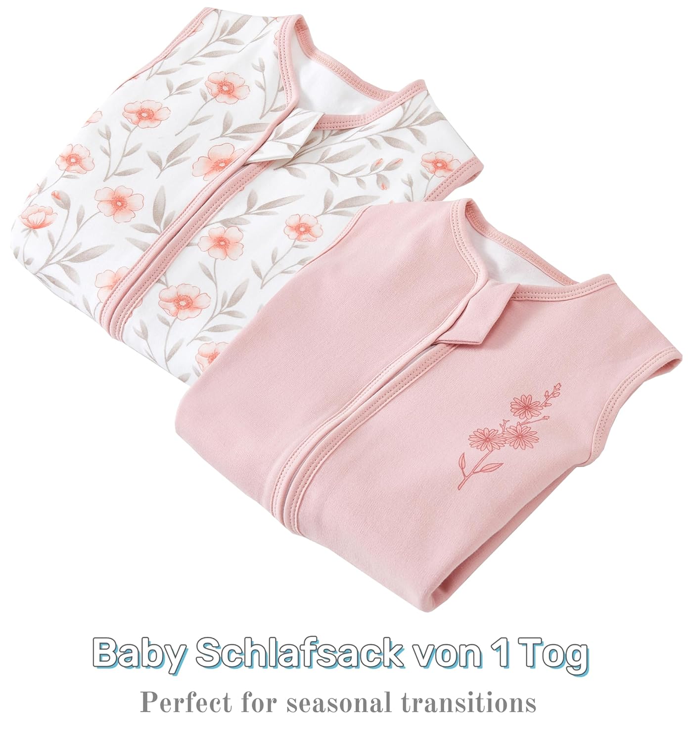 Detalle de Chilsuessy 2er Pack Baby-Schlafsack Sommer mit Füßen, 1 Tog, 100% Baumwolle, Rosa Blumen – Größe 90 cm (Höhe 100–110 cm)