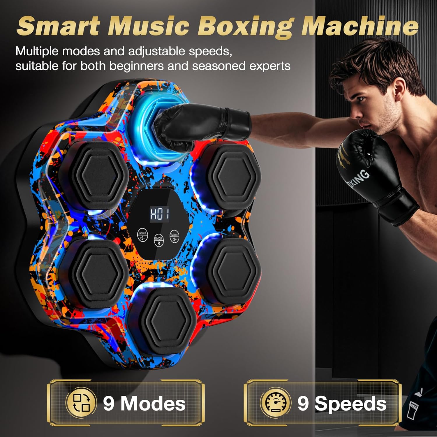 Thumbnail 1 de Music Boxing Machine with Bluetooth, LED Punch Counter & 9 Modes/9 Speeds — Wall Mounted Trainer with Gloves