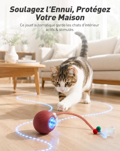 Detalle de RZPTL balle interactive pour chat rouge avec queue, 3 modes et recharge USB-C
