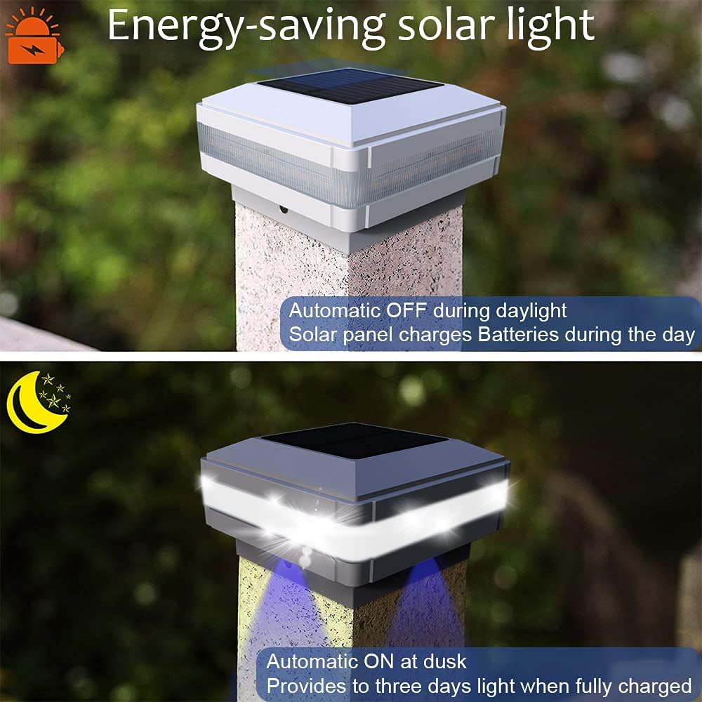 Detalle de GEYUEYA Home Solar Post Lights (4 Pack): Square White Post Caps with Blue Accent