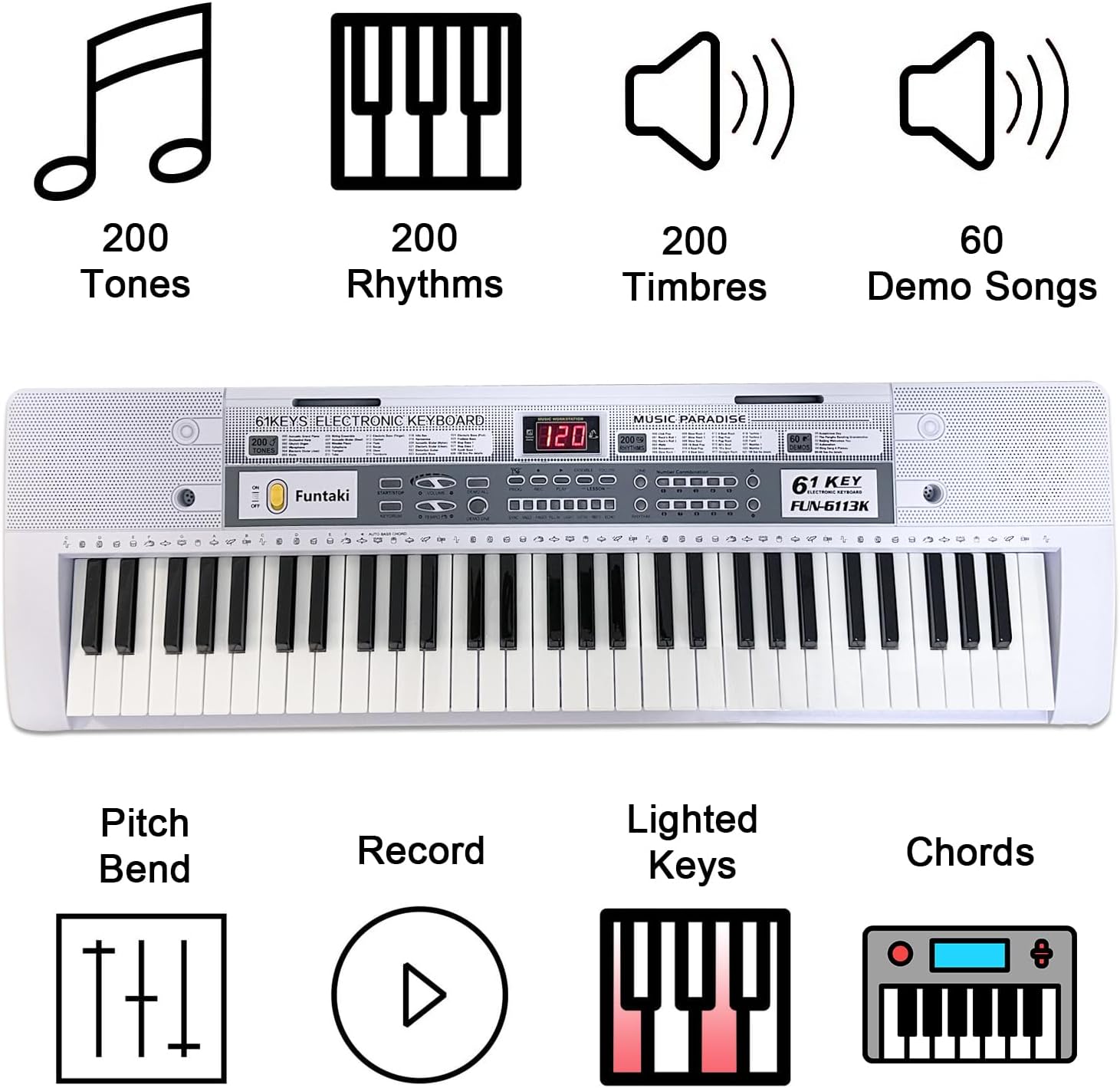 Detalle 2 de Funtaki FUN-6113K-WH digitalpiano med 61 tangenter, ljus och MIDI