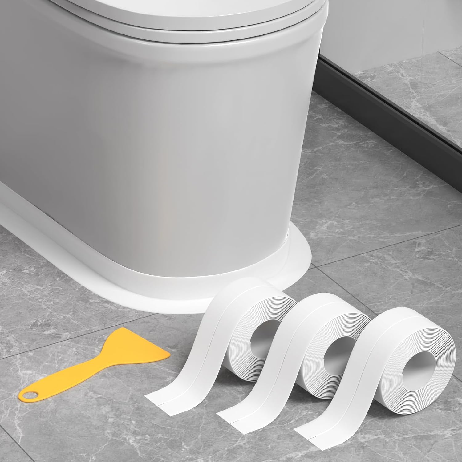 Detalle de Fixmend 3 Rolls Bath Sealant Strip Self-Adhesive Waterproof Tape (126in, White) with Sealing Tool