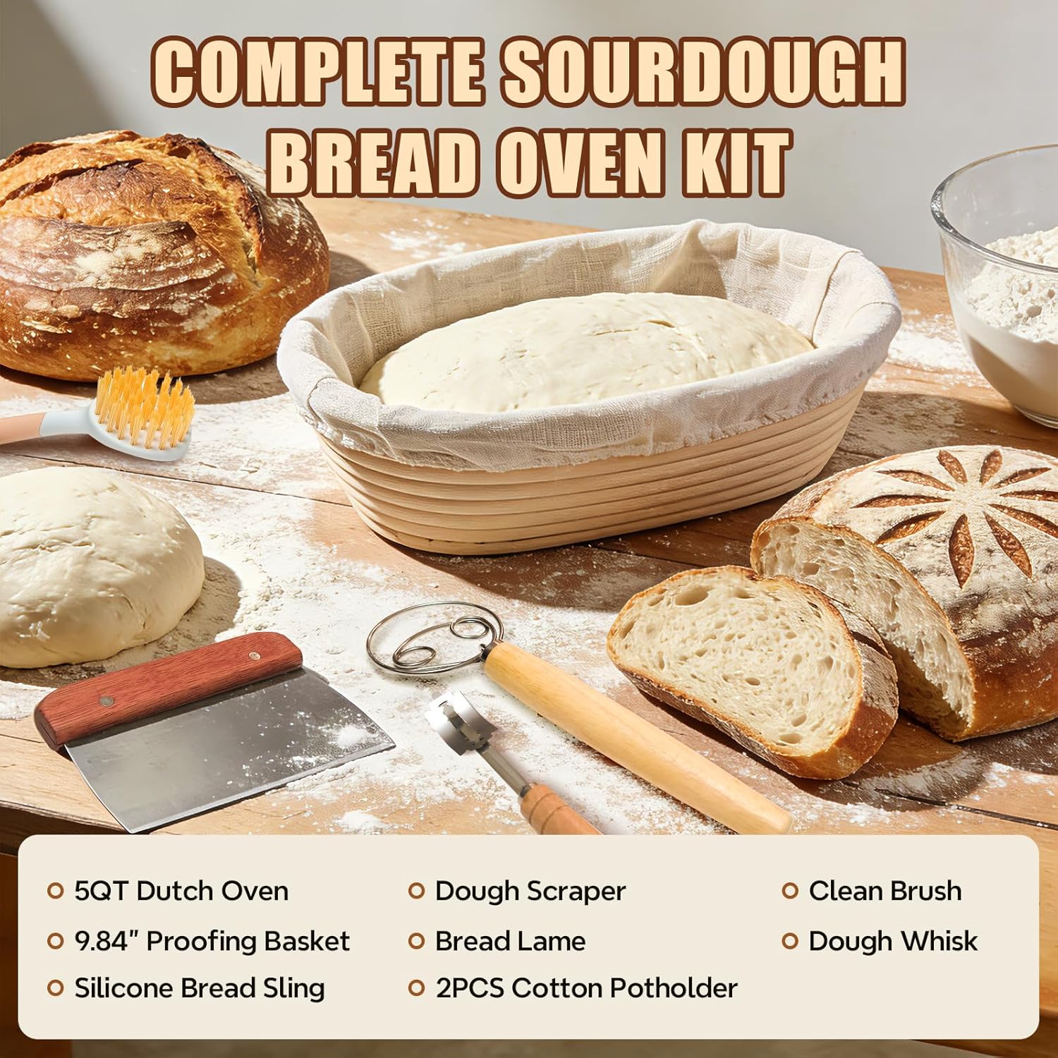 Thumbnail 3 de Enameled Cast Iron Dutch Oven Bread Baking Kit (5QT) with Sourdough Tools, Banneton & Lame (Cream White)