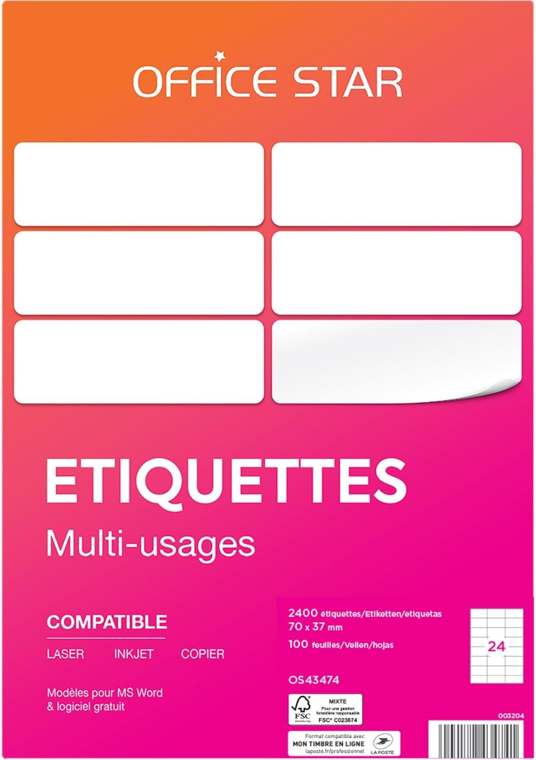 Detalle de OFFICE STAR - 2400 Étiquettes autocollantes blanches personnalisables (70 x 37 mm) pour impression imprimante laser/jet d'encre et copieur