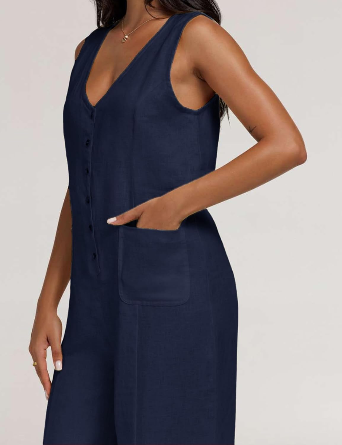 Detalle de Yeokou Women Button Down Jumpsuits: Cotton Linen Sleeveless Wide-Leg Romper with Pockets