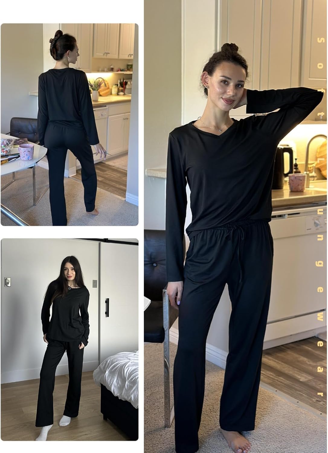 Detalle 2 de Ekouaer Women's 2-Pack Pajama Sets, Long-Sleeve V-Neck Tops and Pants
