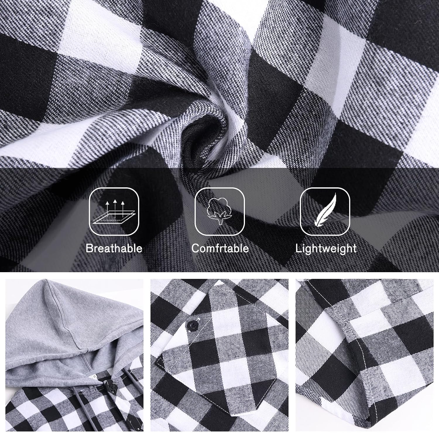 Detalle de CTU Men's Lightweight Checked Shirt Jacket with Hood and Pocket