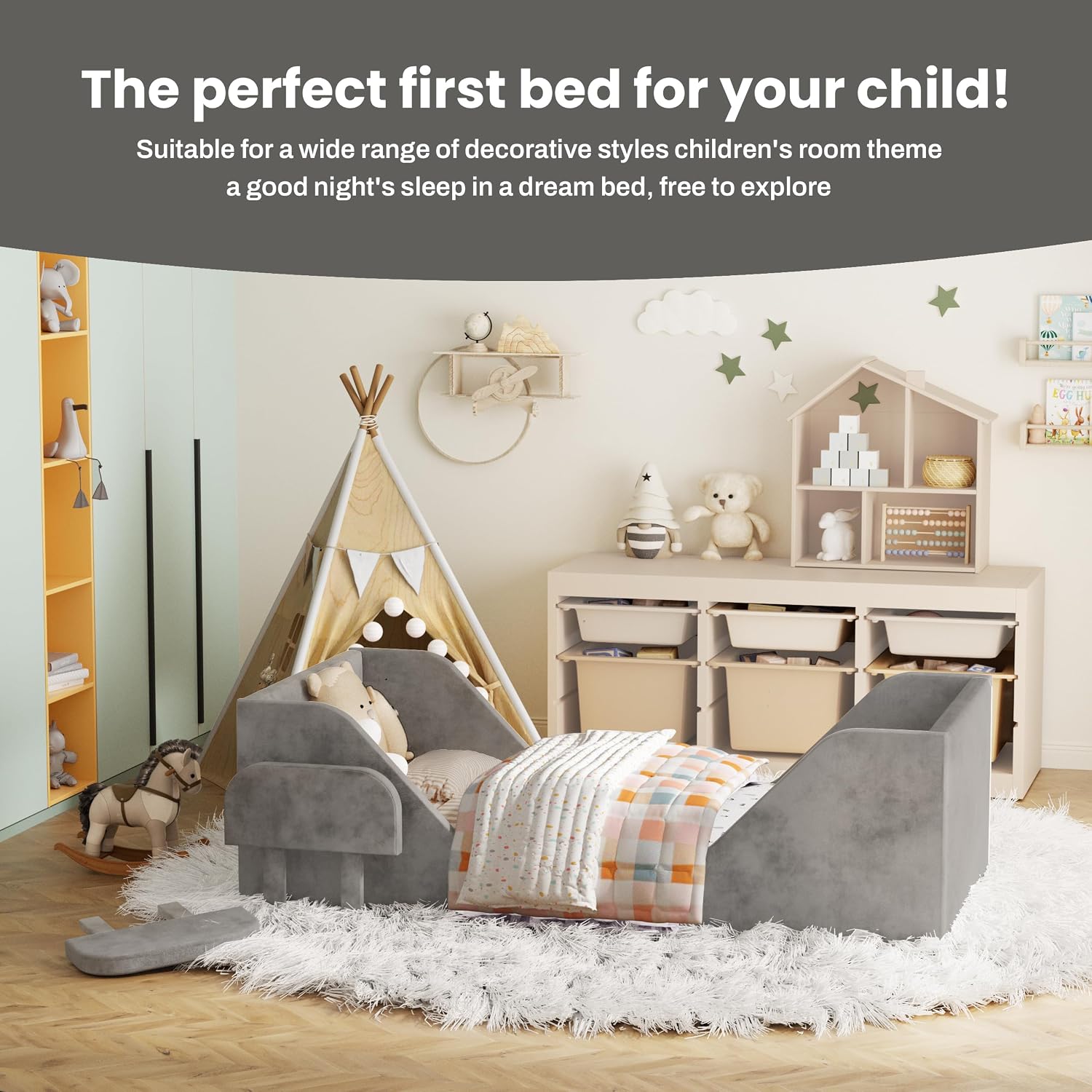 Thumbnail 4 de SOFTLYNICE Gray Toddler Floor Bed with Rails for a Standard Crib Mattress