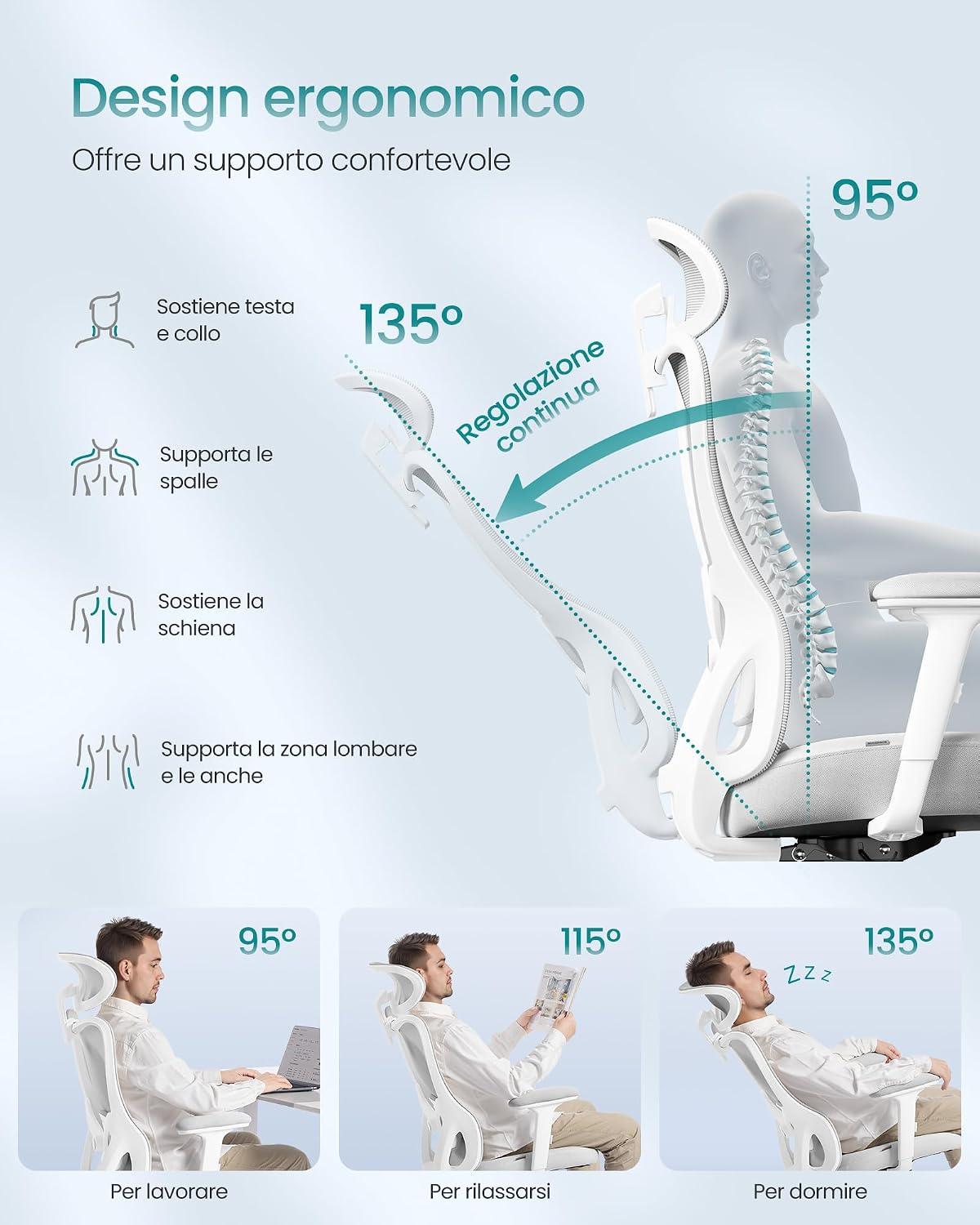 Detalle 2 de SONGMICS Sedia da Ufficio Ergonomica OBN066GD01: comfort regolabile e supporto completo