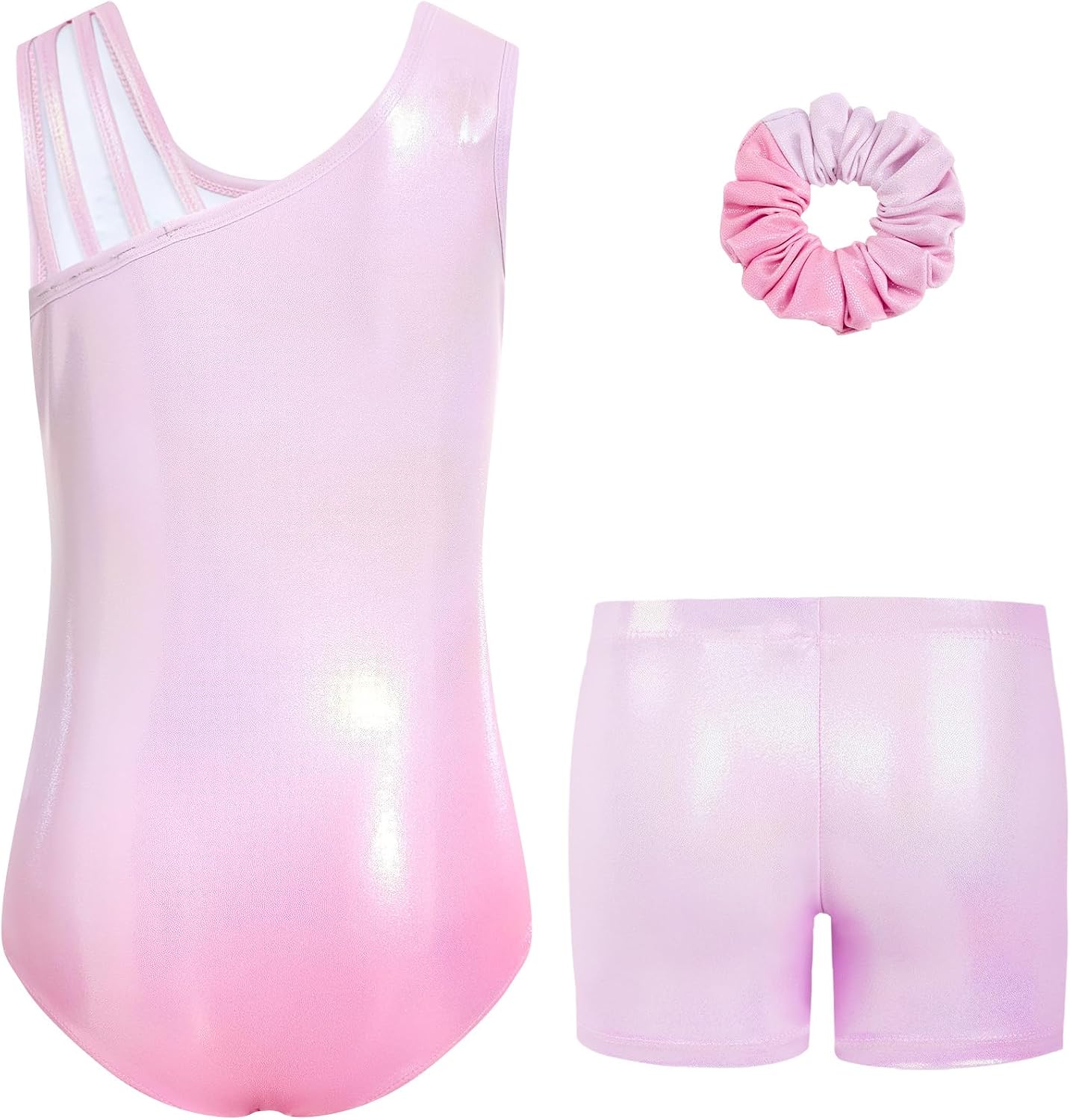 Detalle de Gogokids girls’ three-piece gymnastics set (sleeveless leotard, shorts & hairband) with gradient design