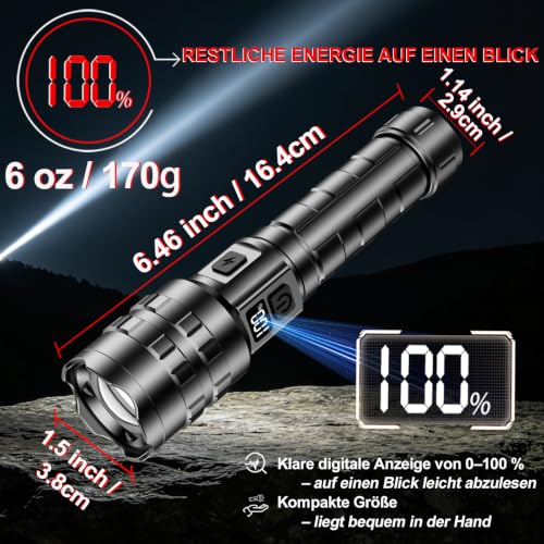 Detalle de SupraBryte SA6221 LED-Taschenlampe mit USB-C, LCD-Anzeige und Zoomstrahl