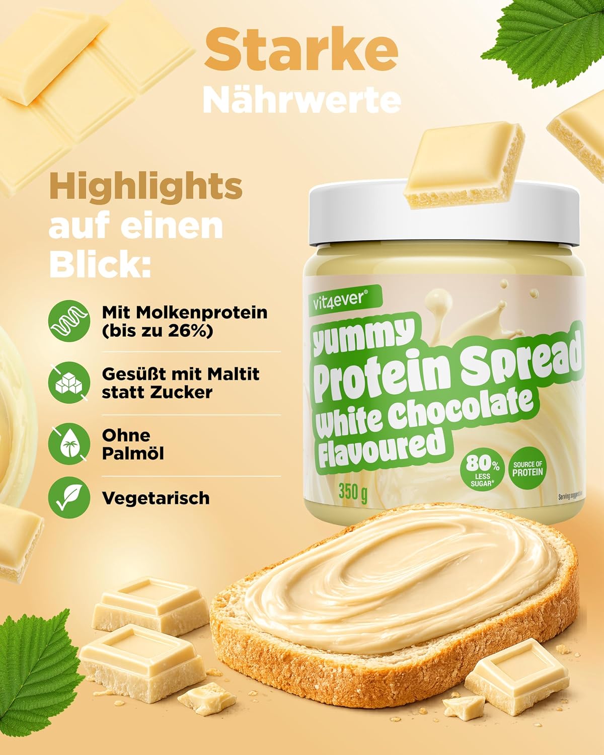 Thumbnail 3 de vit4ever Protein Spread weiße Schokolade – 350 g | Proteinreicher Brotaufstrich, Low-Carb, vegetarisch