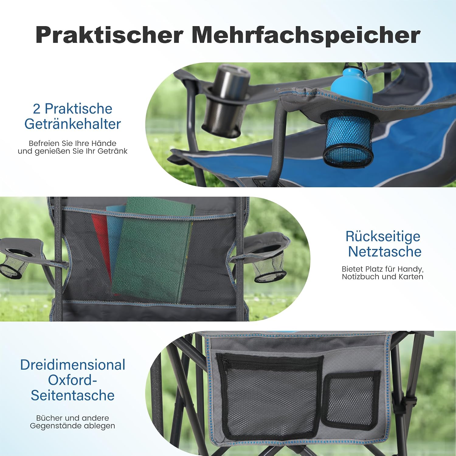 Detalle de LET’S CAMP Campingstuhl Klappstuhl faltbar mit Getränkehaltern & Tragetasche XL (bis 160 kg)