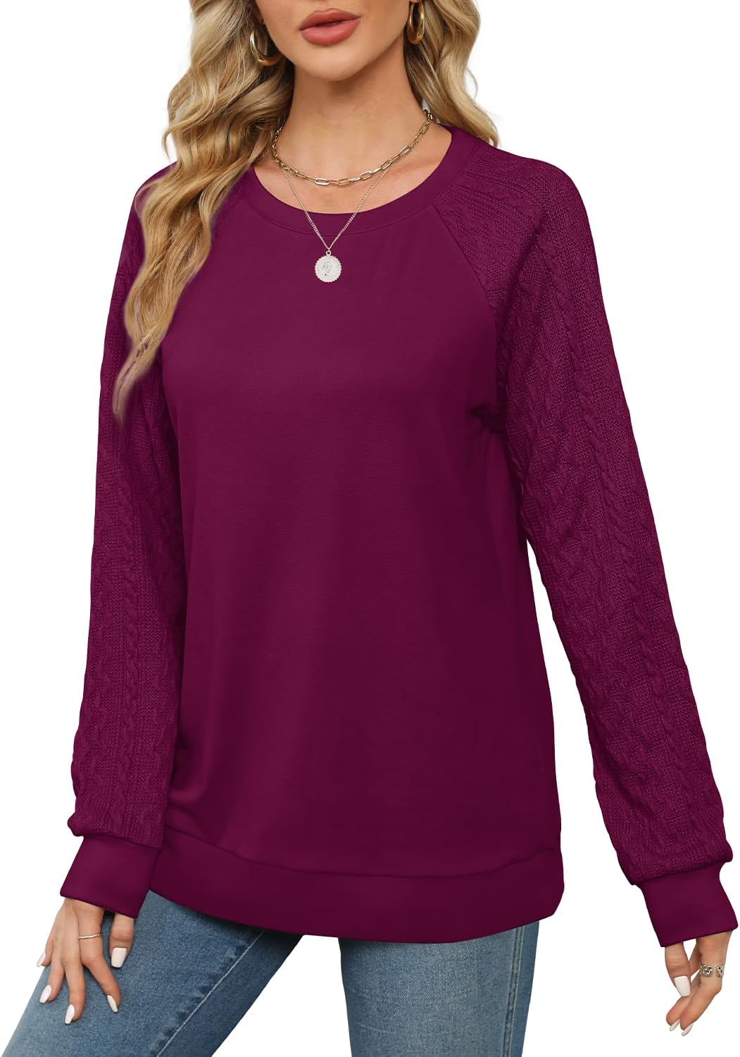 Detalle de Jescakoo Women's Fall Sweatshirt with Cable-Knit Sleeves, Lightweight and Soft