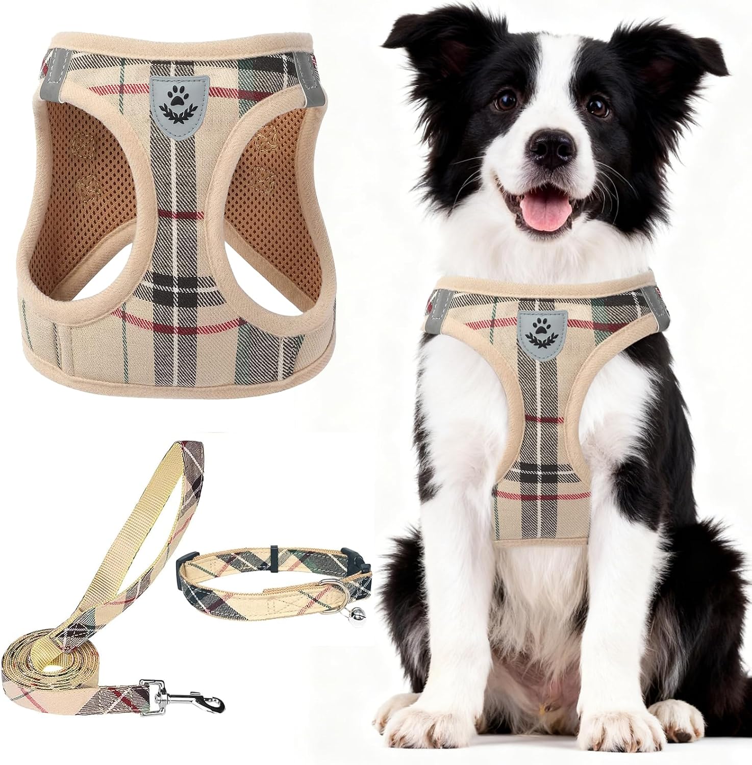 Detalle de PUPTECK 25DHS05_BEI_XXL Plaid Dog Harness Set with Reflective Details