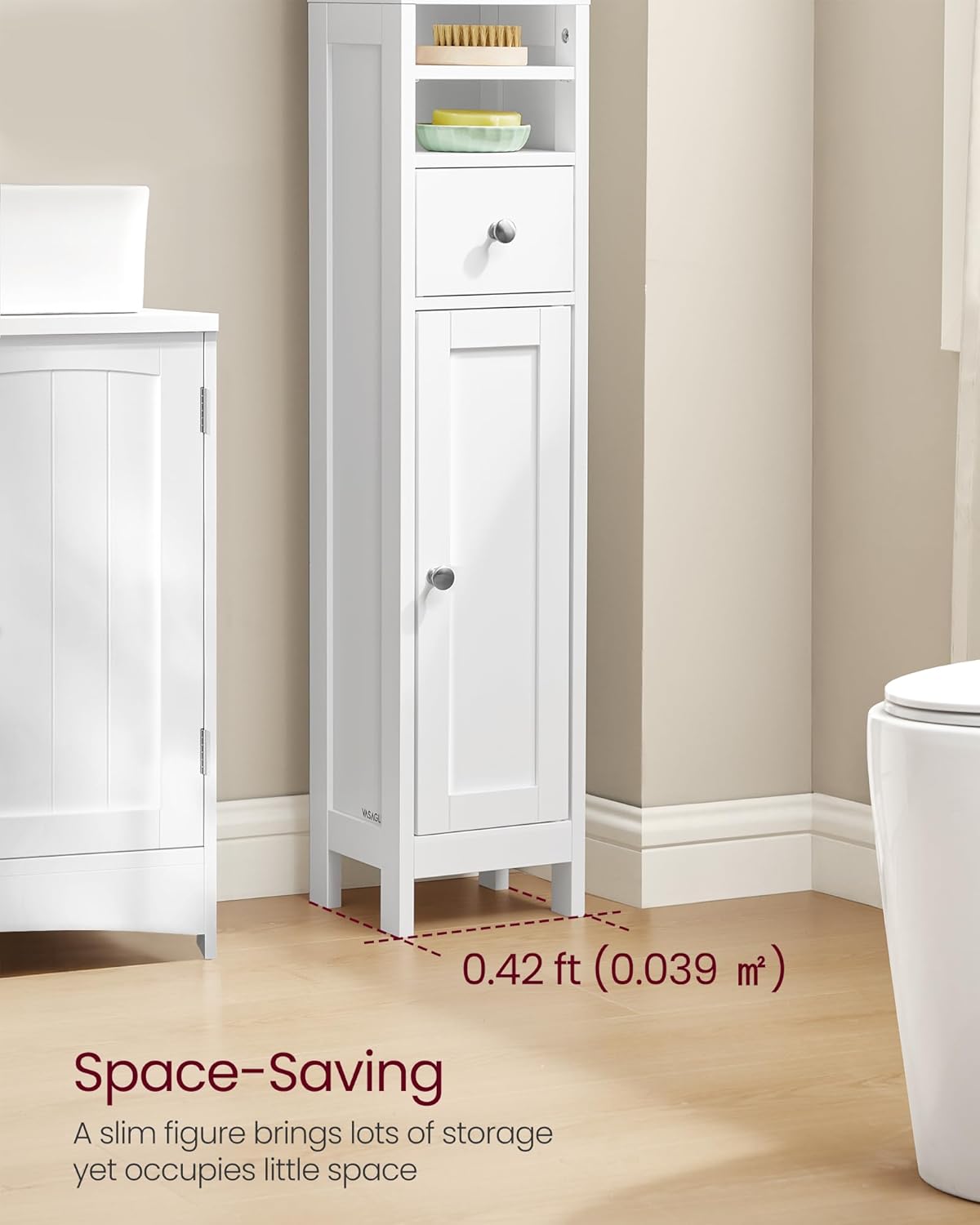Detalle de VASAGLE SIREN Collection BBC765W01 Slim Bathroom Cabinet, Adjustable Shelves, Cloud White