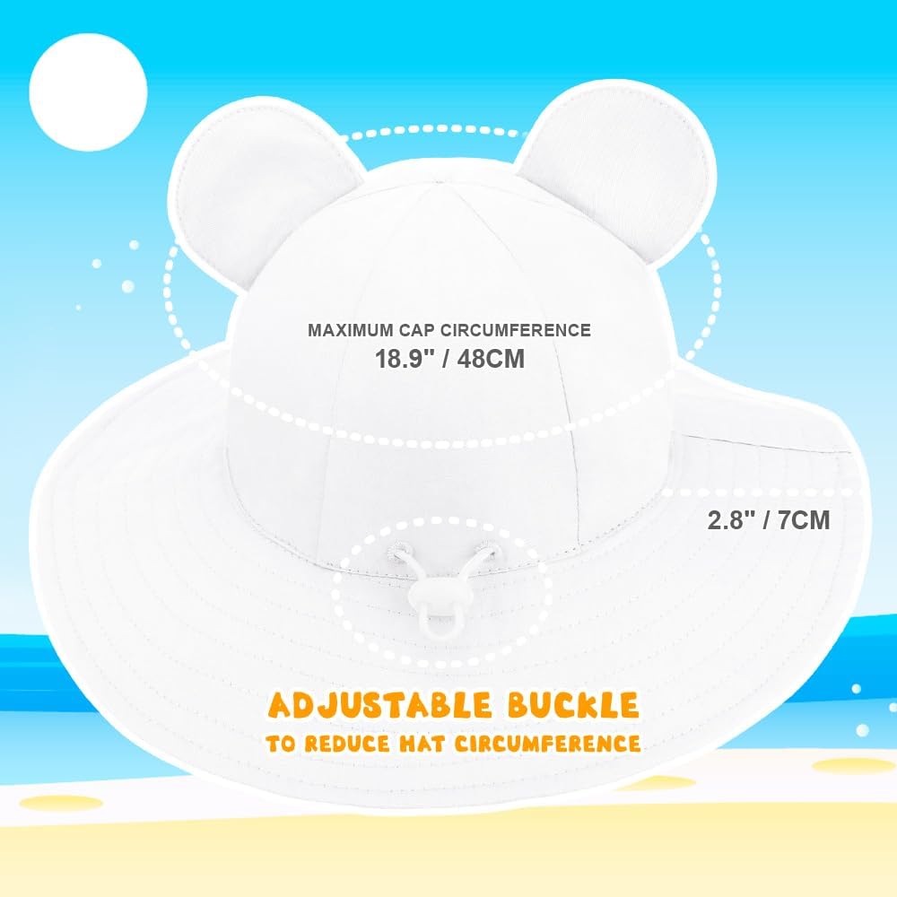 Detalle de DRESHOW Baby Sun Hat with Bear Ears — UPF 50+ Toddler Beach Cap in Cotton, Unisex, with Chin Strap