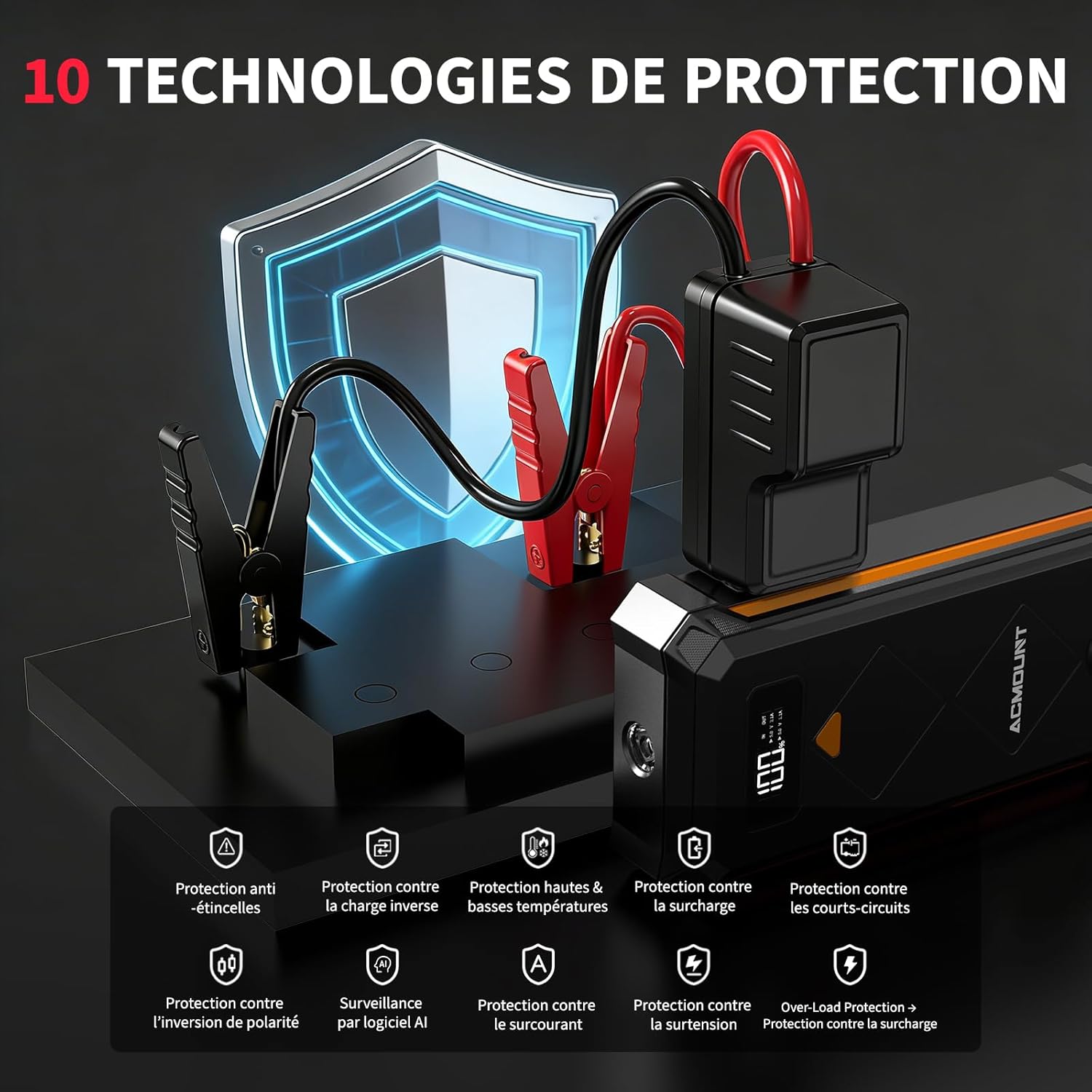 Thumbnail 6 de Acmount 7000A Booster batterie voiture 23800 mAh (12V) avec pinces intelligentes, écran LCD et LED 3 modes