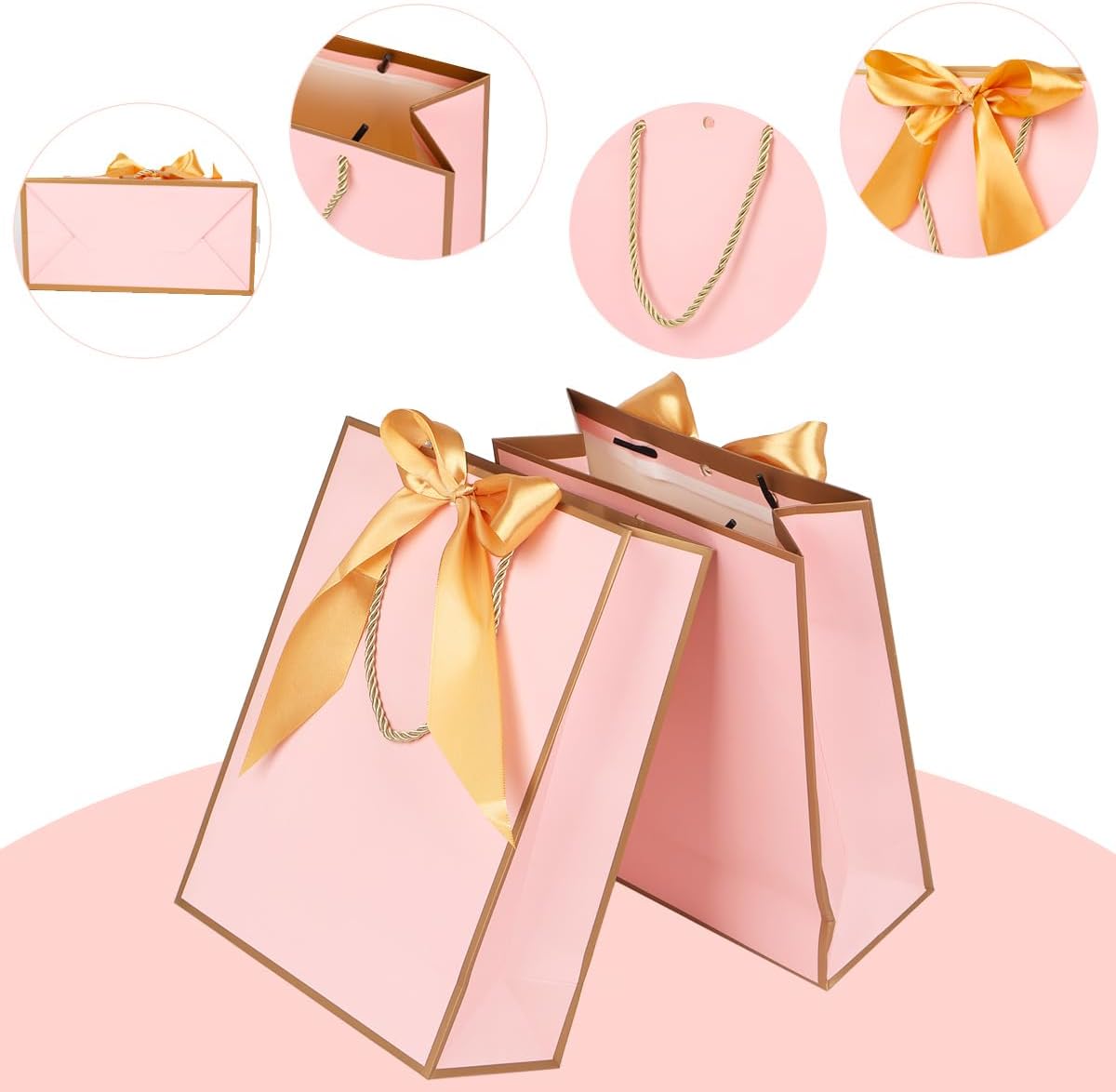 Detalle 2 de ZJHiome Gift Bags for Presents (2-pack) – Medium Pink & Gold Paper Gift Bags with Bow, Tissue & Cards